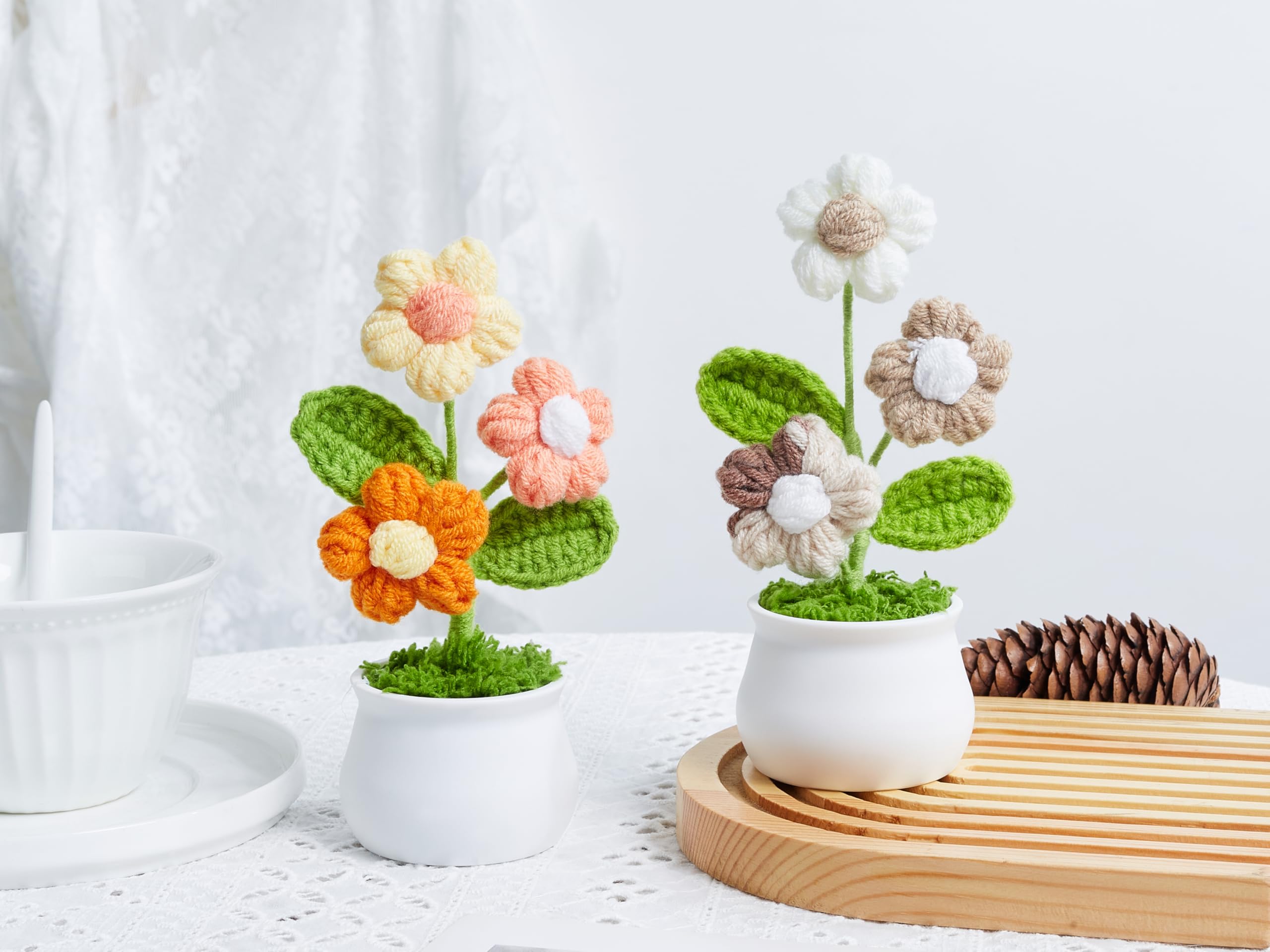 LAIDANLA Orange Crochet Puff Flowers Potted Plants, Small Handmade Crochet Flower Graduation Appreciation Birthday Gifts for Women Teacher Coworker Mom Friend Knitted Flower for Desk