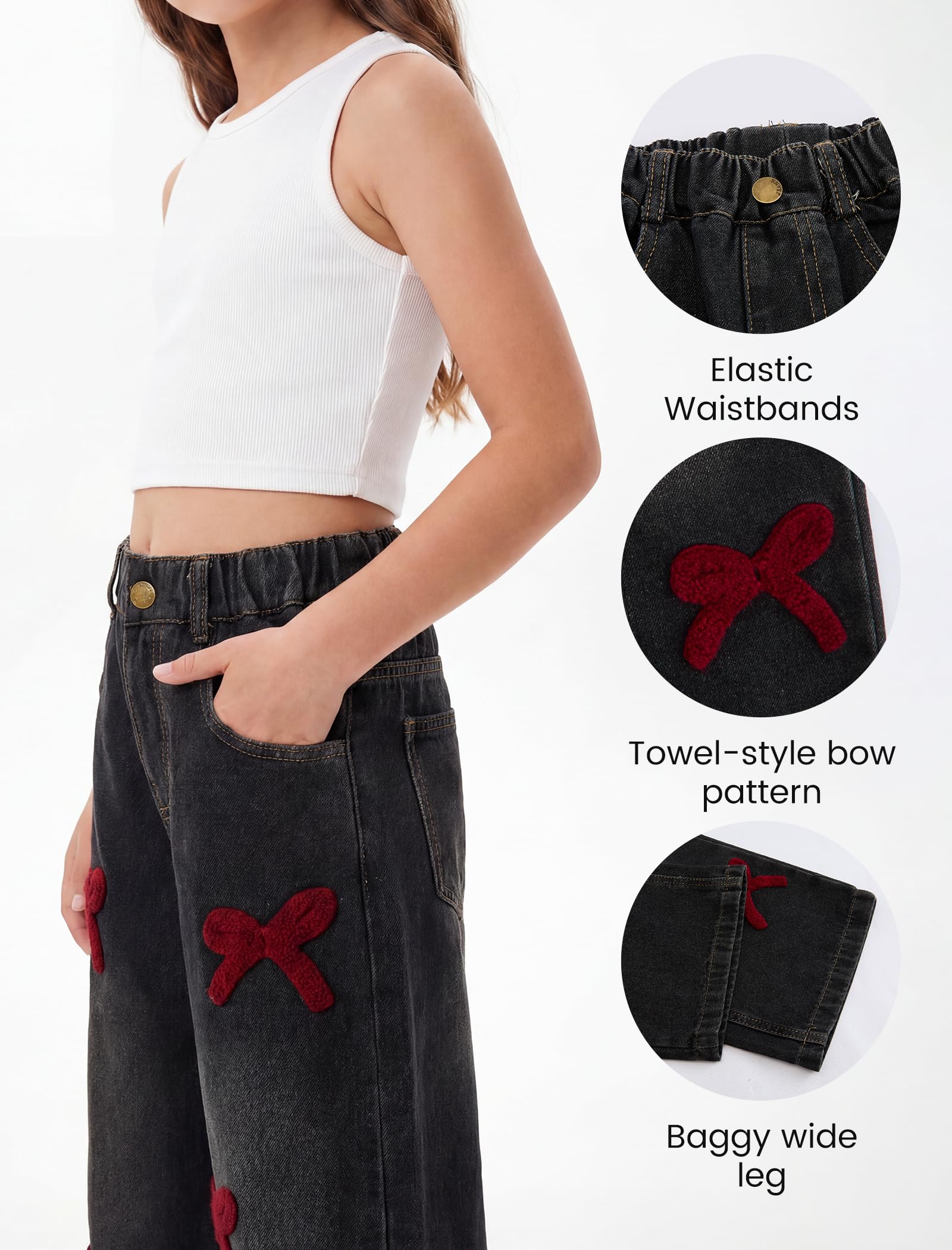 JiAmy Jeans larghi per ragazze con fiocco ricamato 3D, gamba larga elasticizzata in vita retrò Y2k casual pantaloni in denim per ragazze 6-13 anni