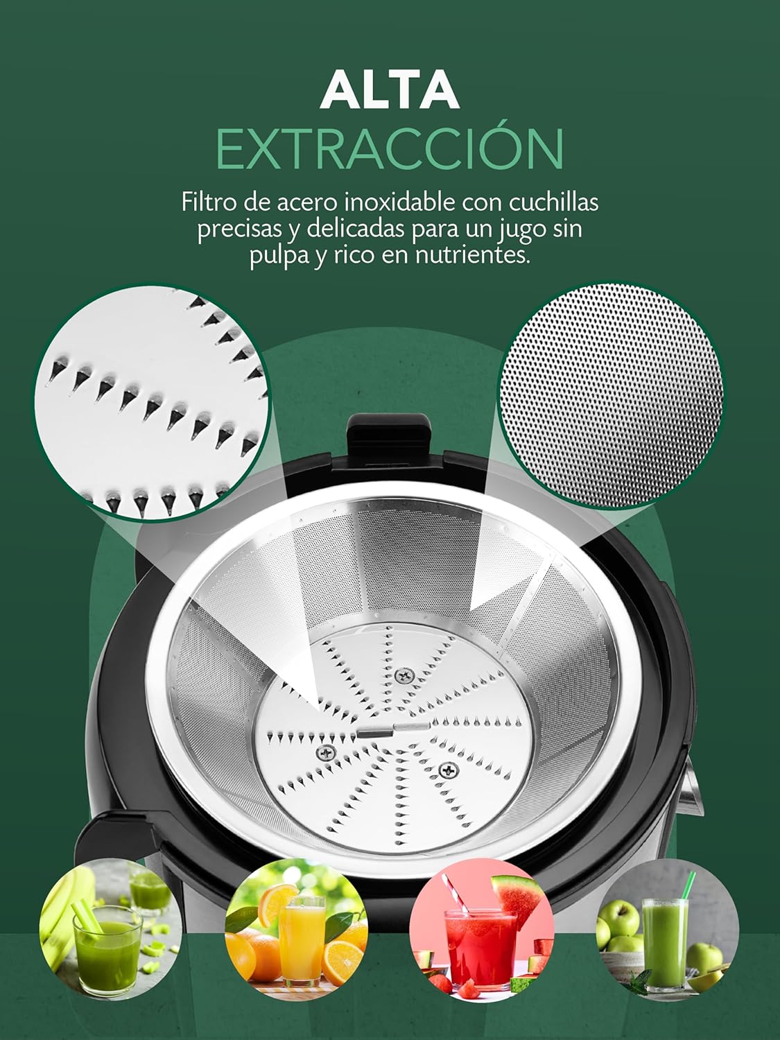 Close-up of Twinzee juicer's stainless steel filter and blades