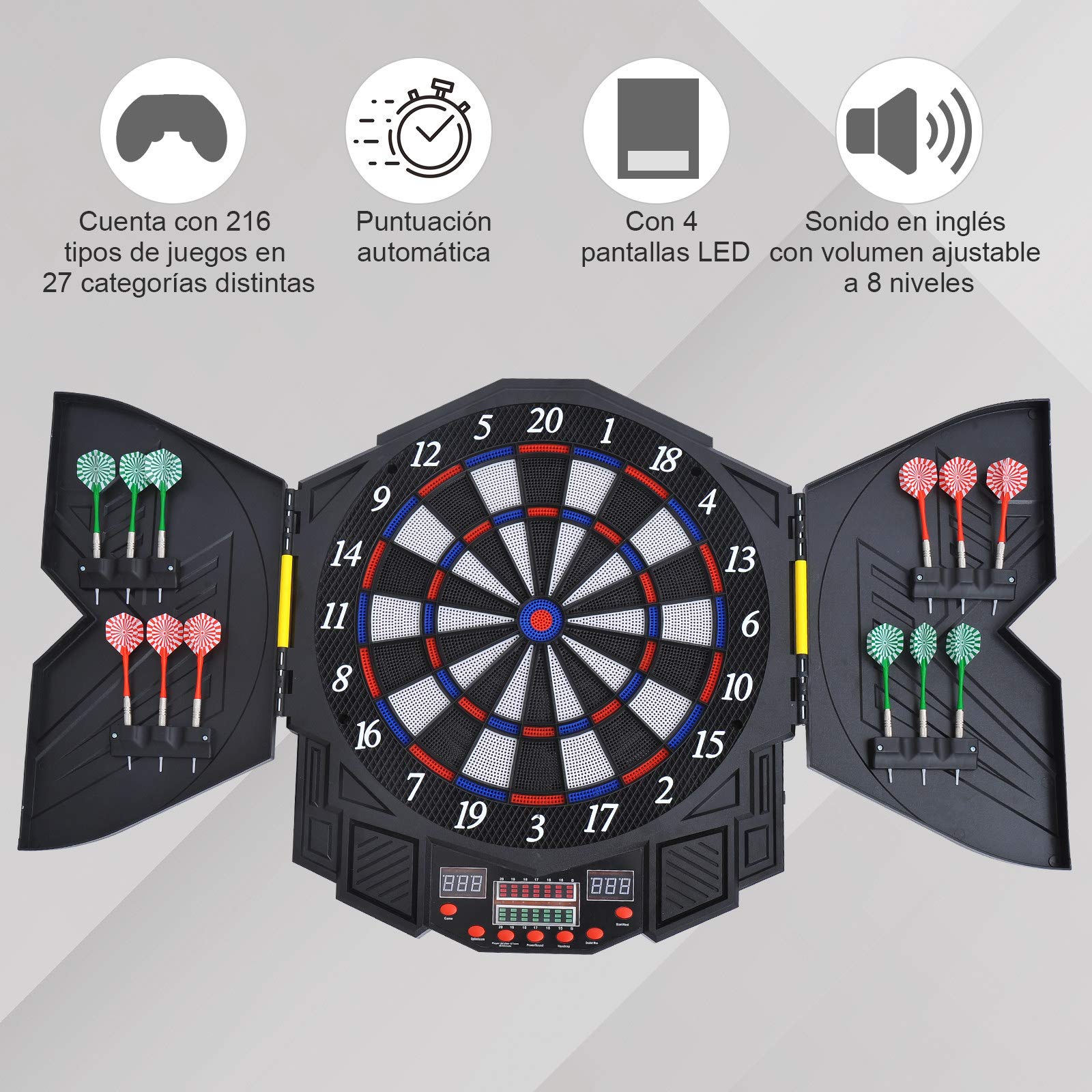 HOMCOM Diana Electronica Digital + 12 Dardos 8 Jugadores 27 Juegos 216 Variantes Sonido