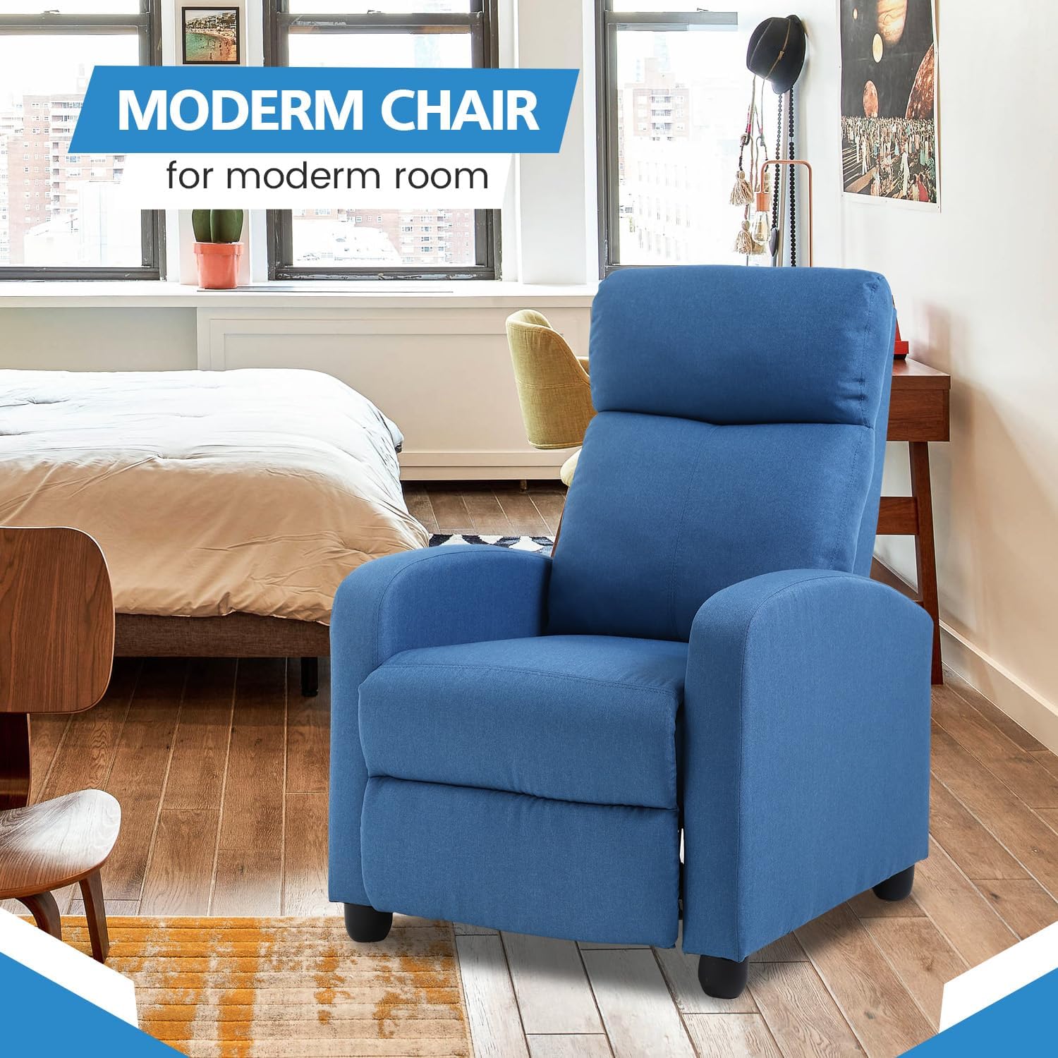 Recliner Chair for Adults, Living Room Chairs, Reading Chair with Fabric Padded Seat Backrest, Modern Reclining Easy Lounge, Bedroom Chair, Recliner Chair for Bedroom (Blue)