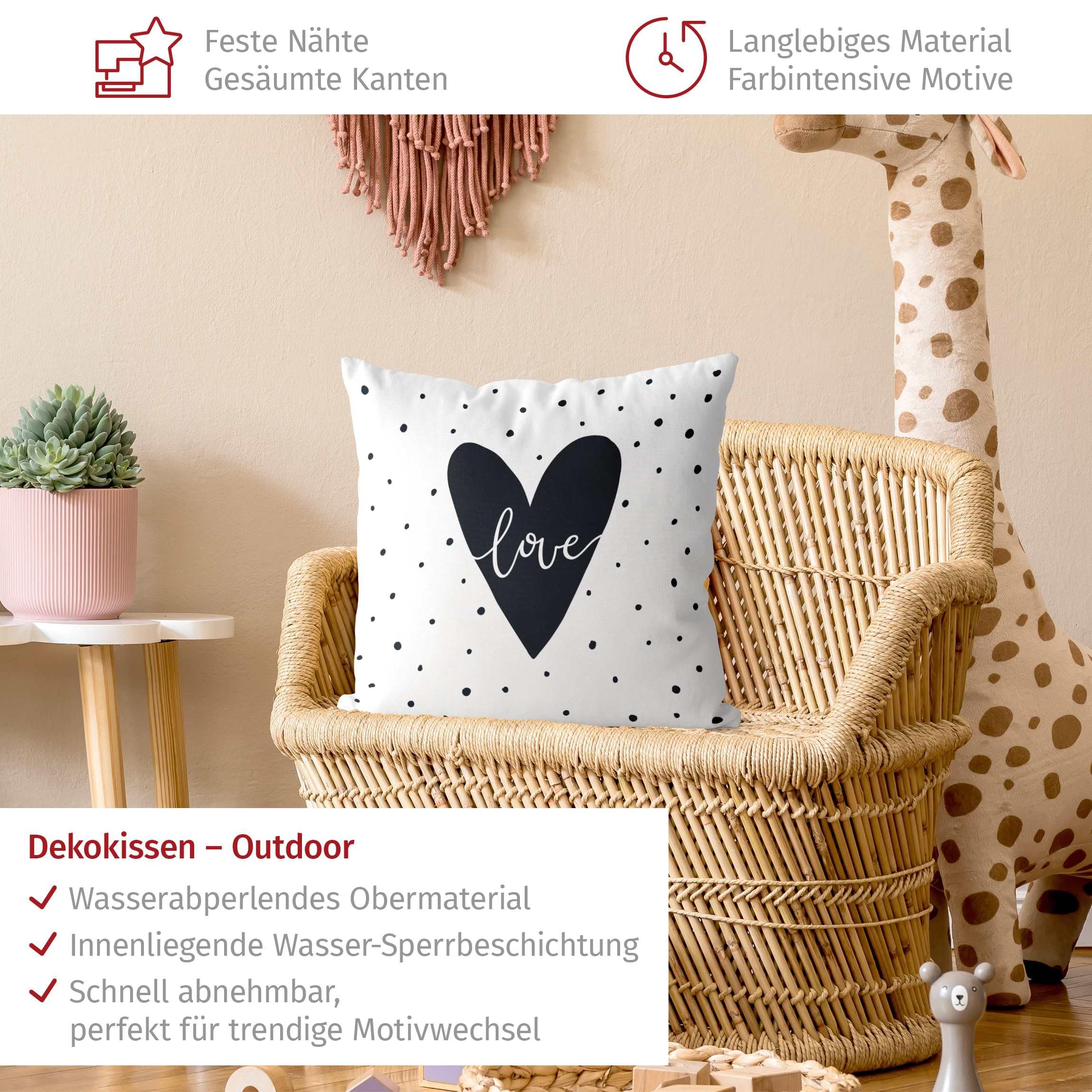 Deko Kissenhülle draußen/Outdoor waschbar Sprüche ohne Füllung Zierkissen - Made in Germany - Punkte Bezug schwarz Weiss Sofakissen Outdoor Sofa Bett 1632