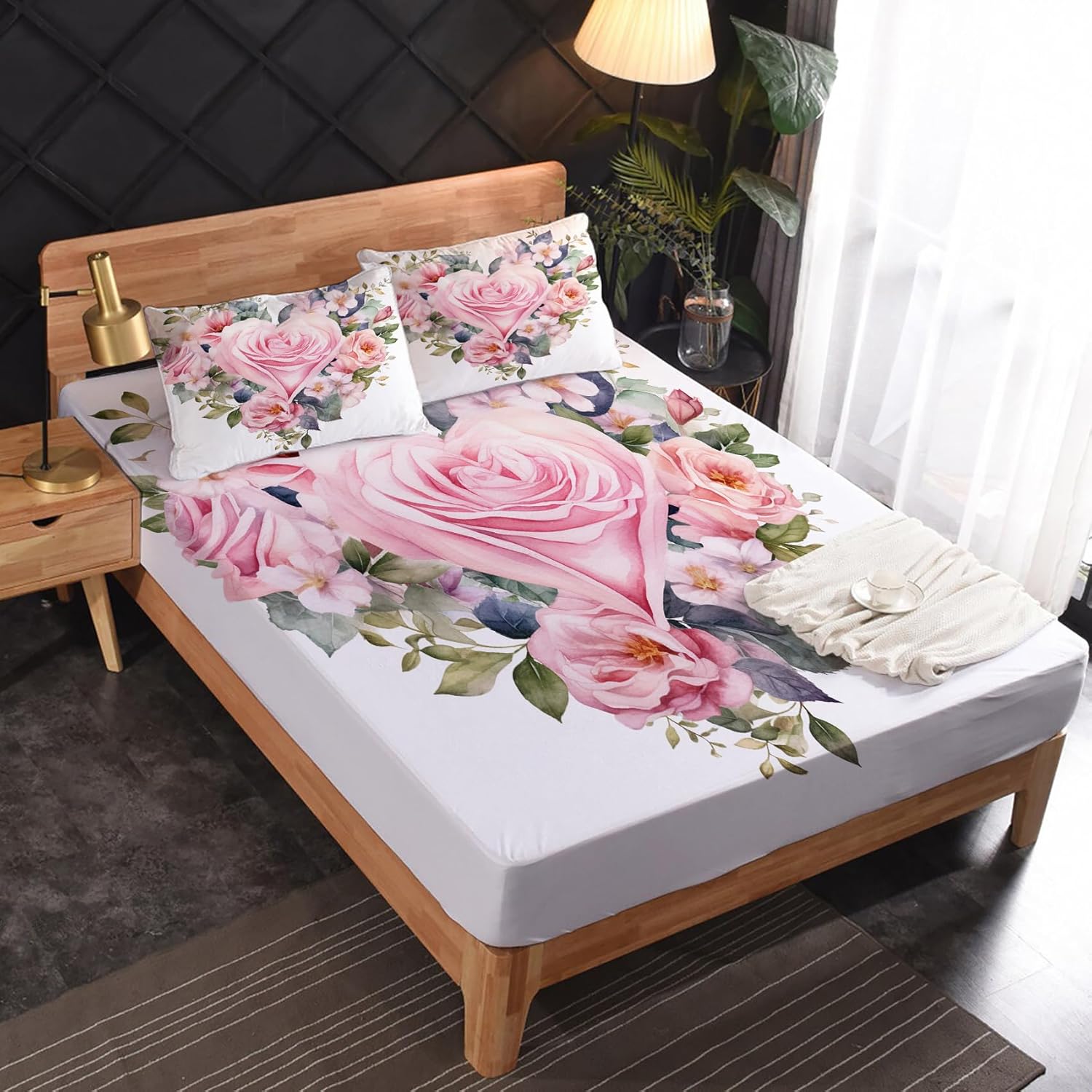 Queen Sheet Set - Pink Rose Bed Sheets, Floral Bedding Sheets & Pillowcases, Soft Microfiber & Deep Pocket & Wrinkle Free Patterned Sheet Set, 4 Piece ( 1 Fitted Sheet, 1 Flat Sheet, 2 Pillow Cases )