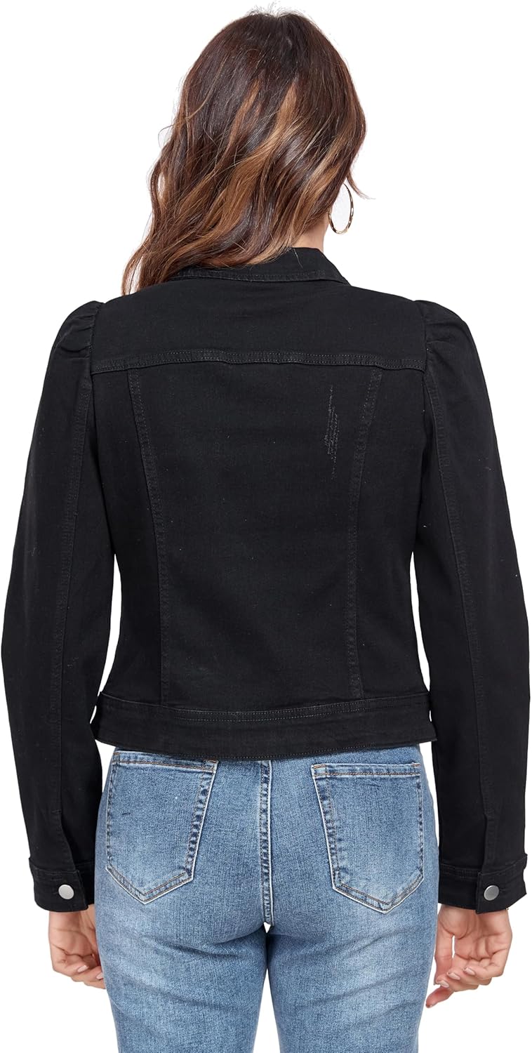 Anienaya Women's Jean Jacket Cropped Denim Jackets Stretchy Puff Long Sleeve Ripped with Pockets - Image 2