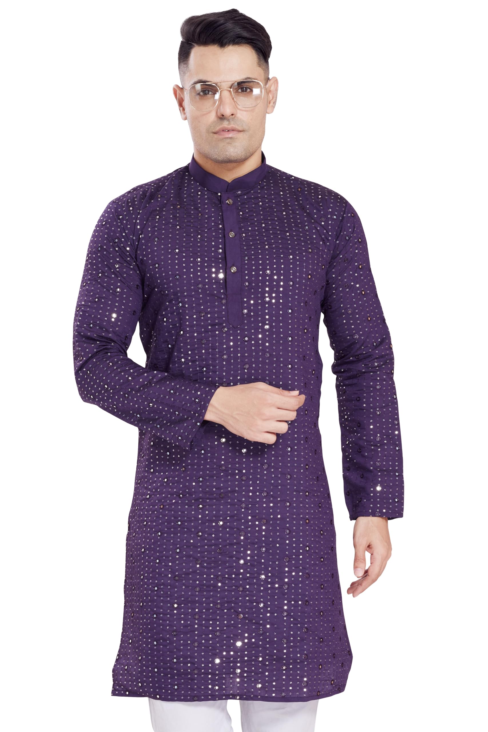 Divisive Men's Sequince Mirror Embroidered Cotton Silk Blend Only Slim Fit Kurta (Dkrt175_S_Purple)
