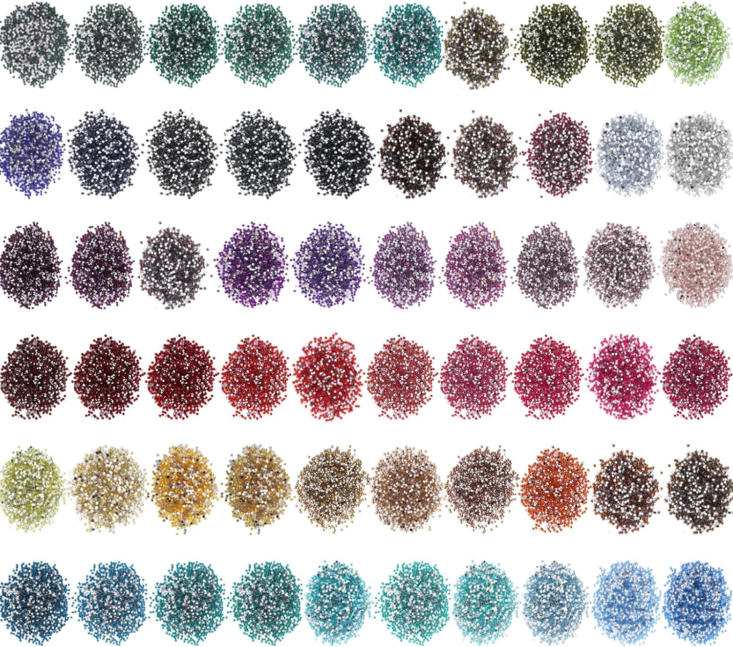 An assortment of 60 different colors of Sasylvia diamond painting beads, each color in a small pile, showcasing the wide variety available.