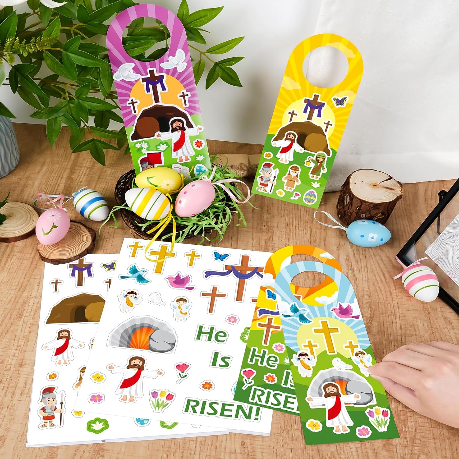 16 Set Multicolor Easter Jesus Resurrection Sticker Scenes Door Knob Hangers DIY Craft Gift for Kids Classroom Party Activities Supply