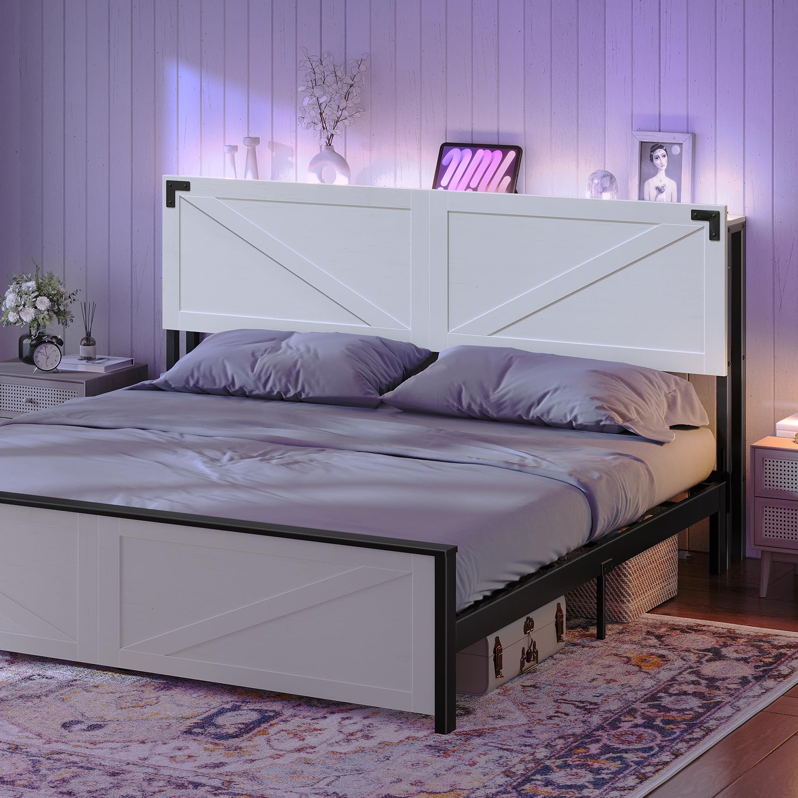 Cabecera tamaño King con 2 salidas y 4 puertos USB, cabecera de granja, con luces LED, almacenamiento seguro con valla elevada, con adaptador de marco de cama, color blanco y negro 4