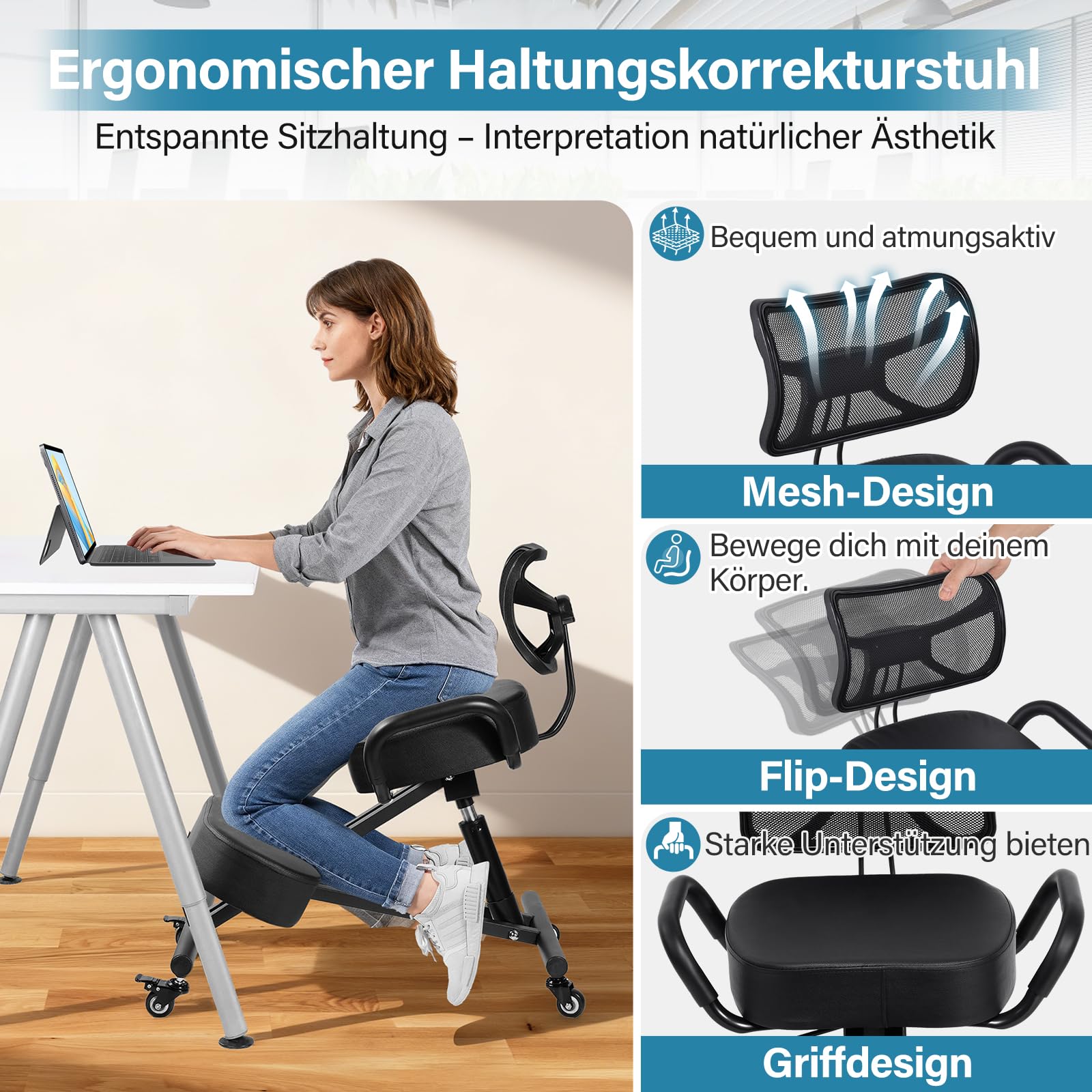 Kniestuhl, Ergonomischer Kniestuhl, Kniende Bürostühle Mit Einstellbarer Höhe Und Lordosenstütze Für Bank- Und Konferenzräume, Büros, Empfangsbereiche Zu Hause, Verbesserung Der Körperhaltung