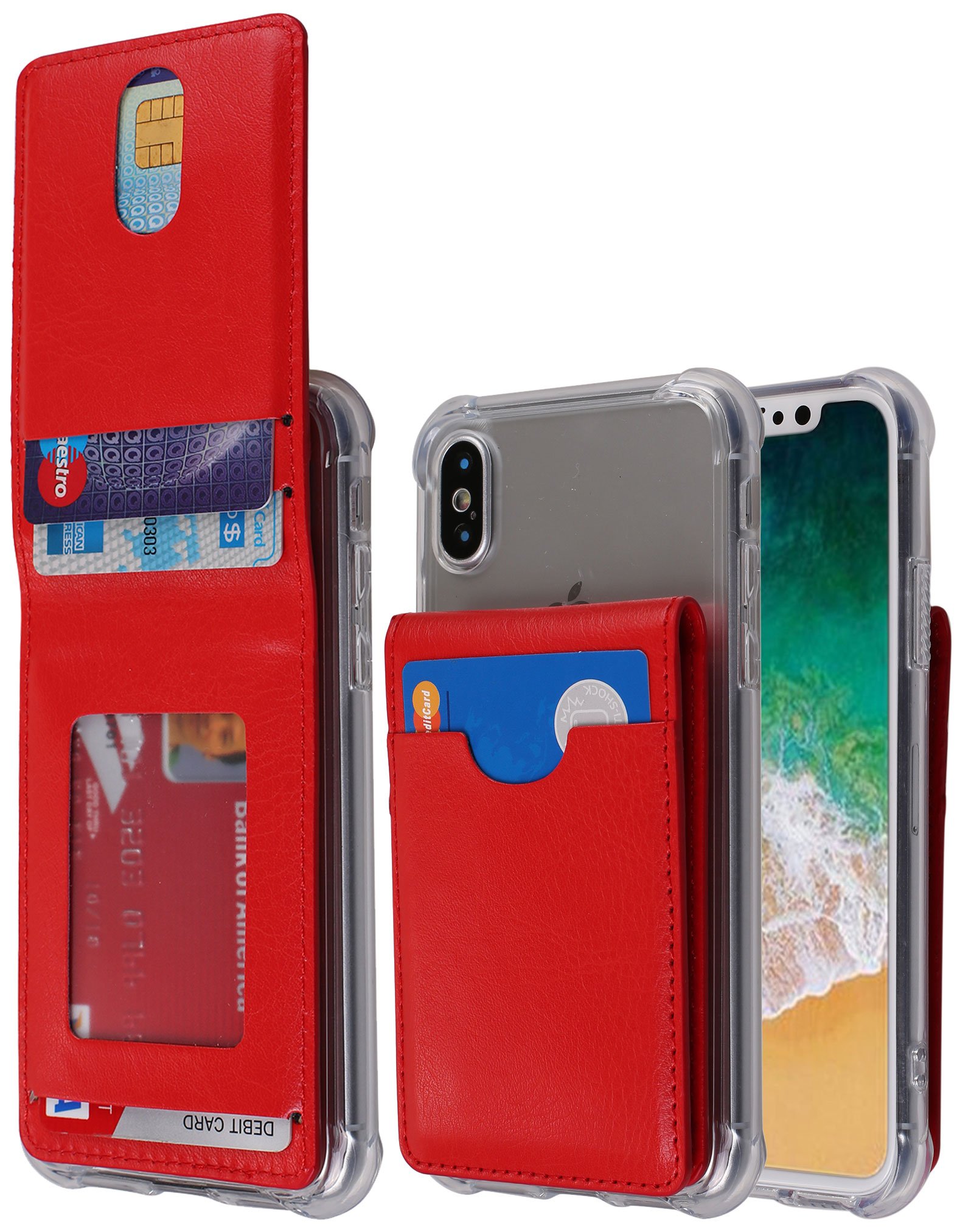 Stick on Wallet Leather Flip Card Holder ID Adhesive 3M Stick On Slim Multi-Card Slot Wallet Case Credit Card Holder Case for Samsung Galaxy Note 8, LG V30, iPhone X,8 Plus (Red)