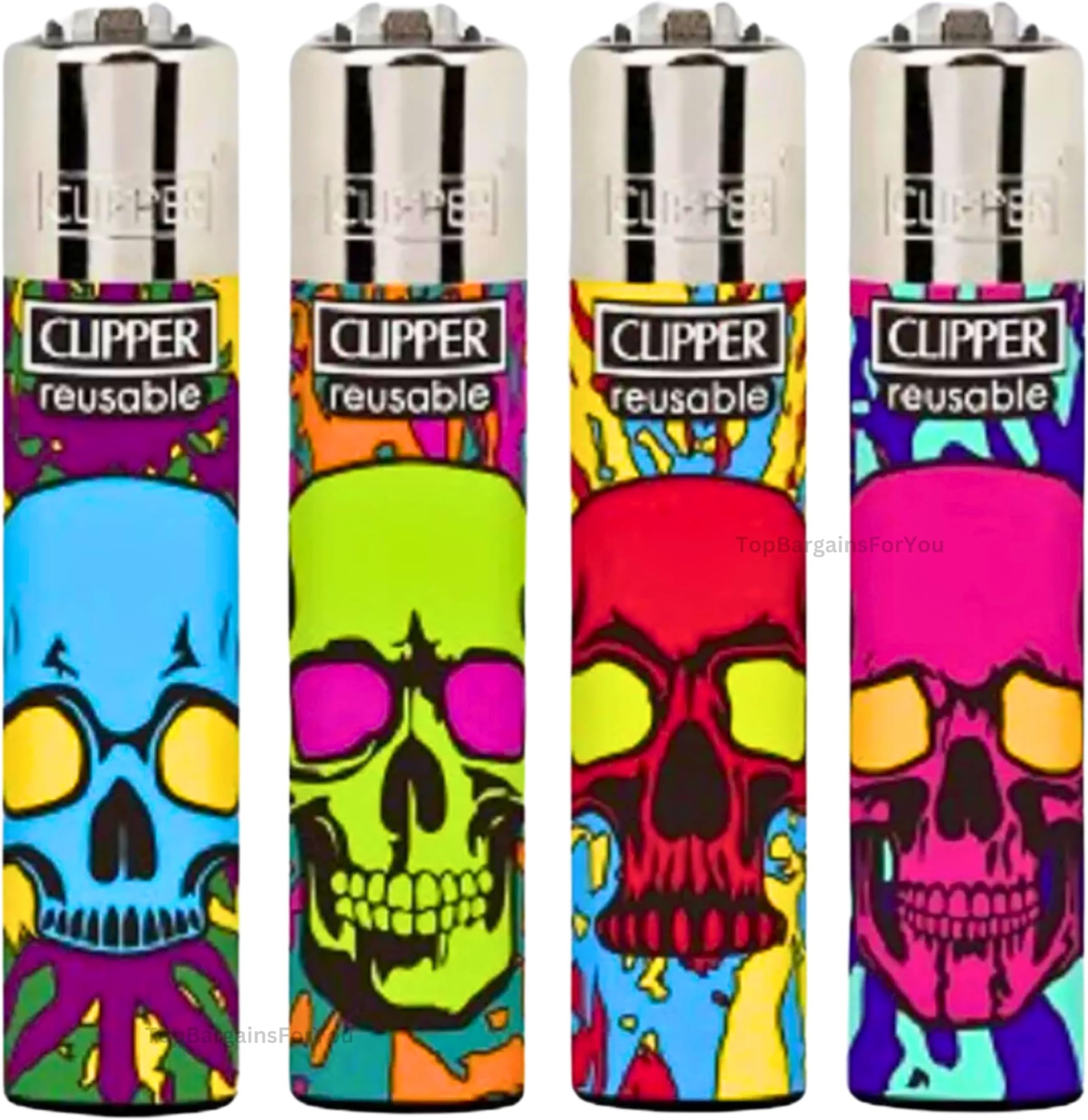 4 x Clipper Lighters COLOURFUL SKULLS 1 Design Set, Gas Refillable Flint Rare - Limited Edition