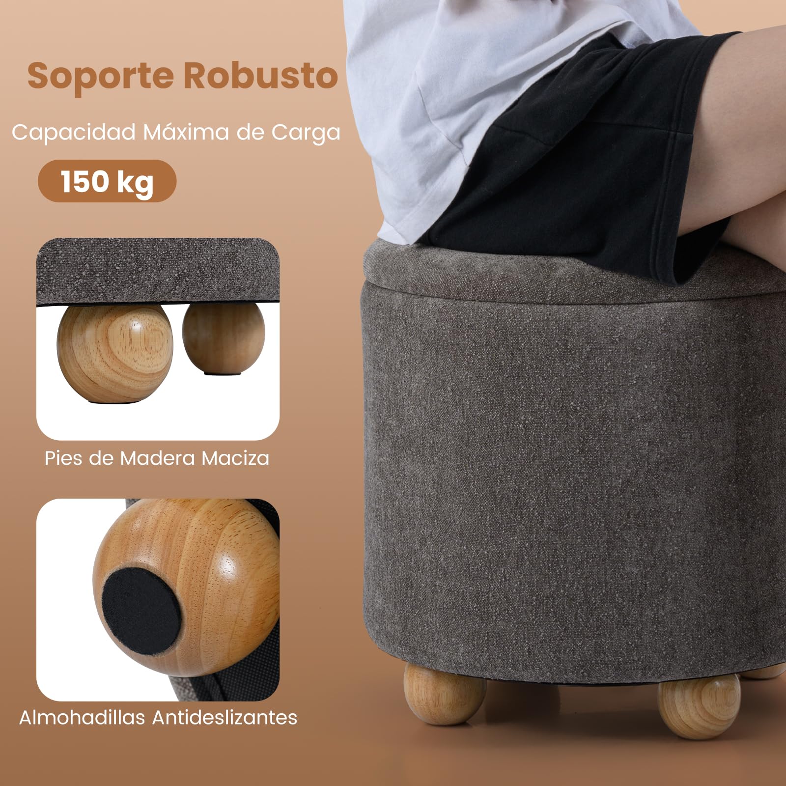 GIANTEX Taburete Redondo Tapizado con Almacenamiento, Puff de Almacenaje Pequeño con Tapa, Patas de Madera de Caucho, Capacidad de 150 kg, Reposapiés para Salón, Entrada, φ44,5 x 44,5 cm (Gris)