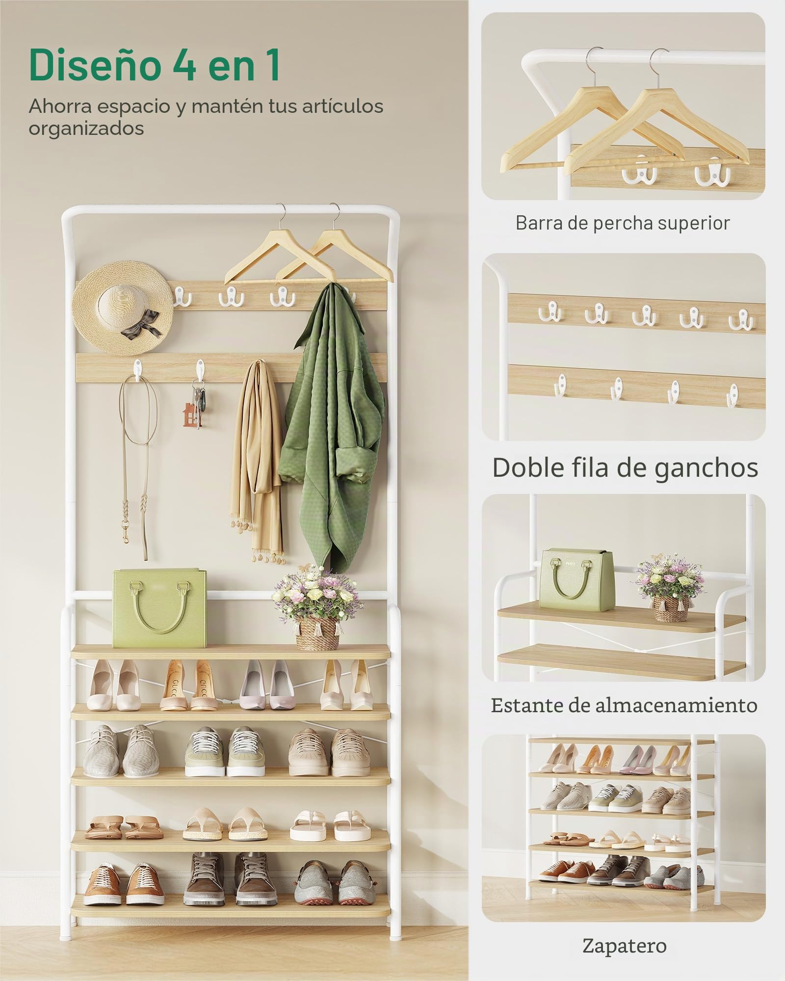 Hzuaneri Perchero Zapatero, Perchero con Banco de 5 Niveles, Roble y Blanco | Recibidor, 9 Ganchos, 1 Barra Superior, 24,5 x 78,5 x 195cm, para Entrada Pasillo, HT19016W