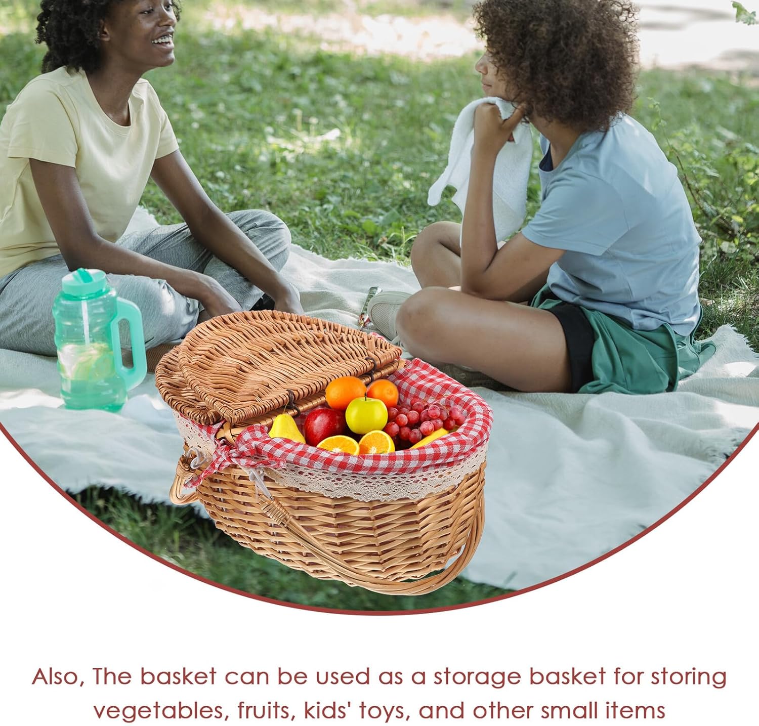 Roleader Wicker Picnic Basket with Lid and Handle Classic Plaid Woven Basket 35x25x17cm for Outdoor Camping and Home Decor