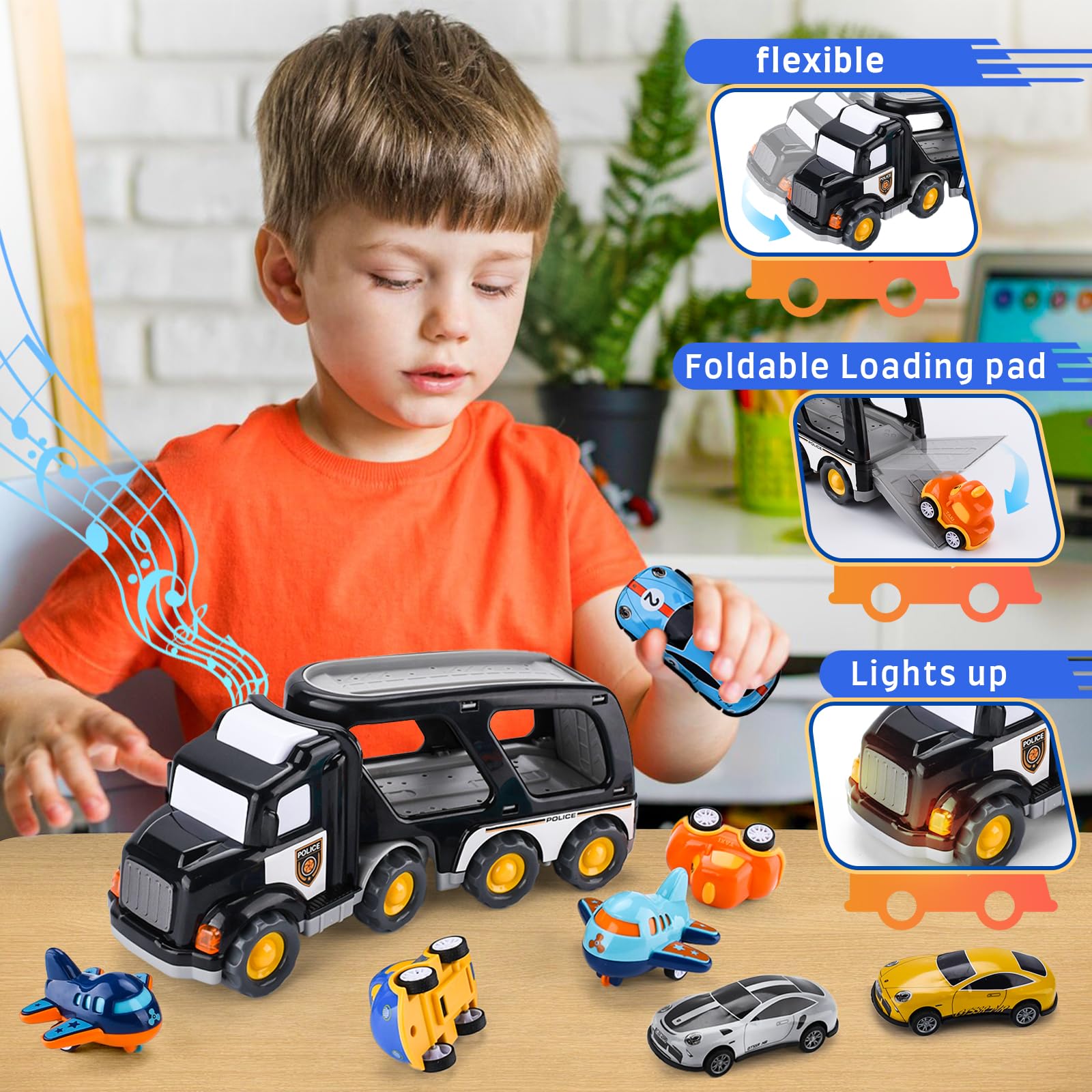 8 in 1 Camion Macchinine Giocattolo Trasportatore con Suoni e Luci per Bambini 1 2 3 4 5 Anni, 7 Mini Cars, Macchina Trucks Regalo per Bambino Ragazze Ragazzi