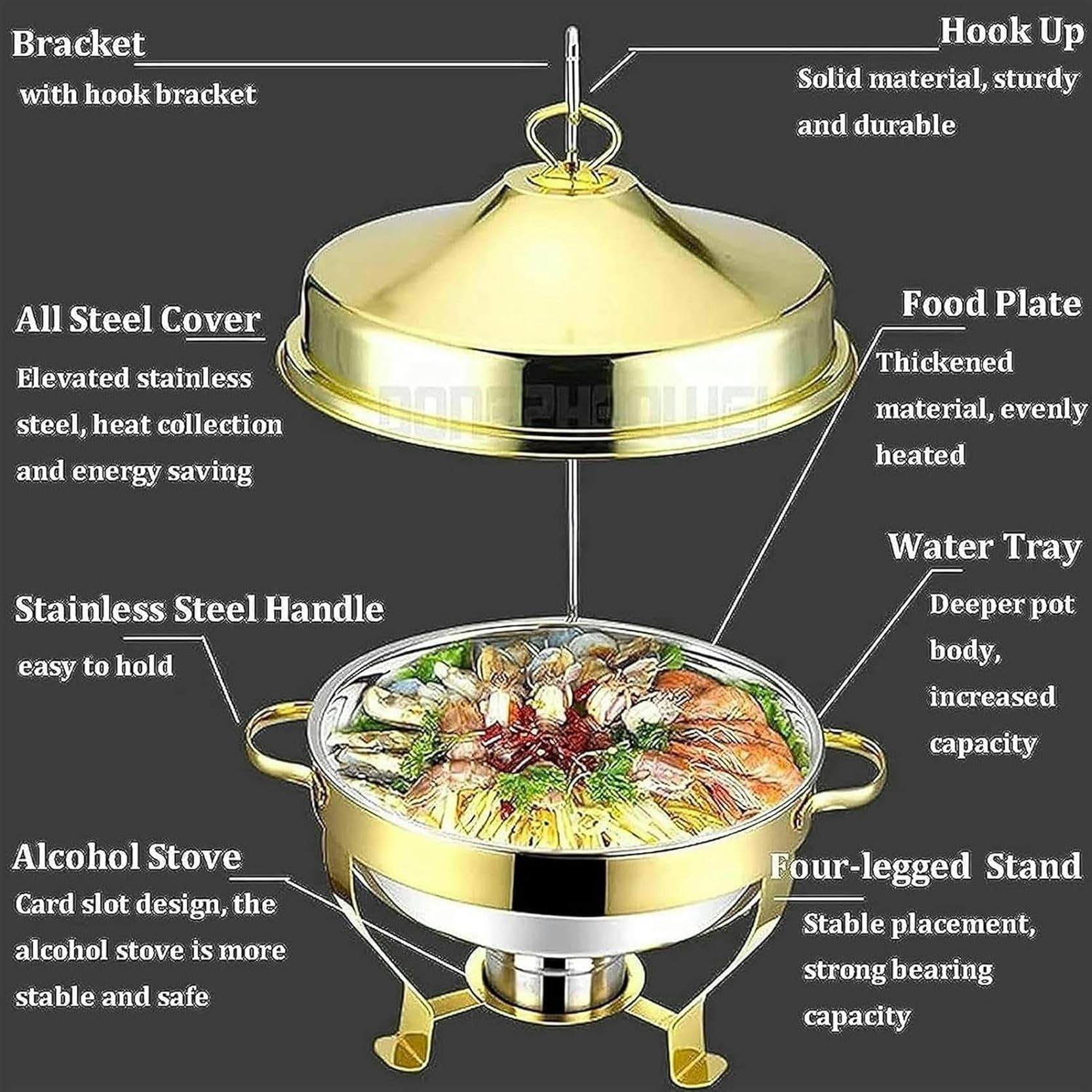 Chafing Dish Rotondo in Acciaio Inossidabile da 9 Litri,Portavivande E Scaldavivande di Dimensioni Standard con Teglia per Alimenti,Contenitori per Combustibile E Coper,Silver