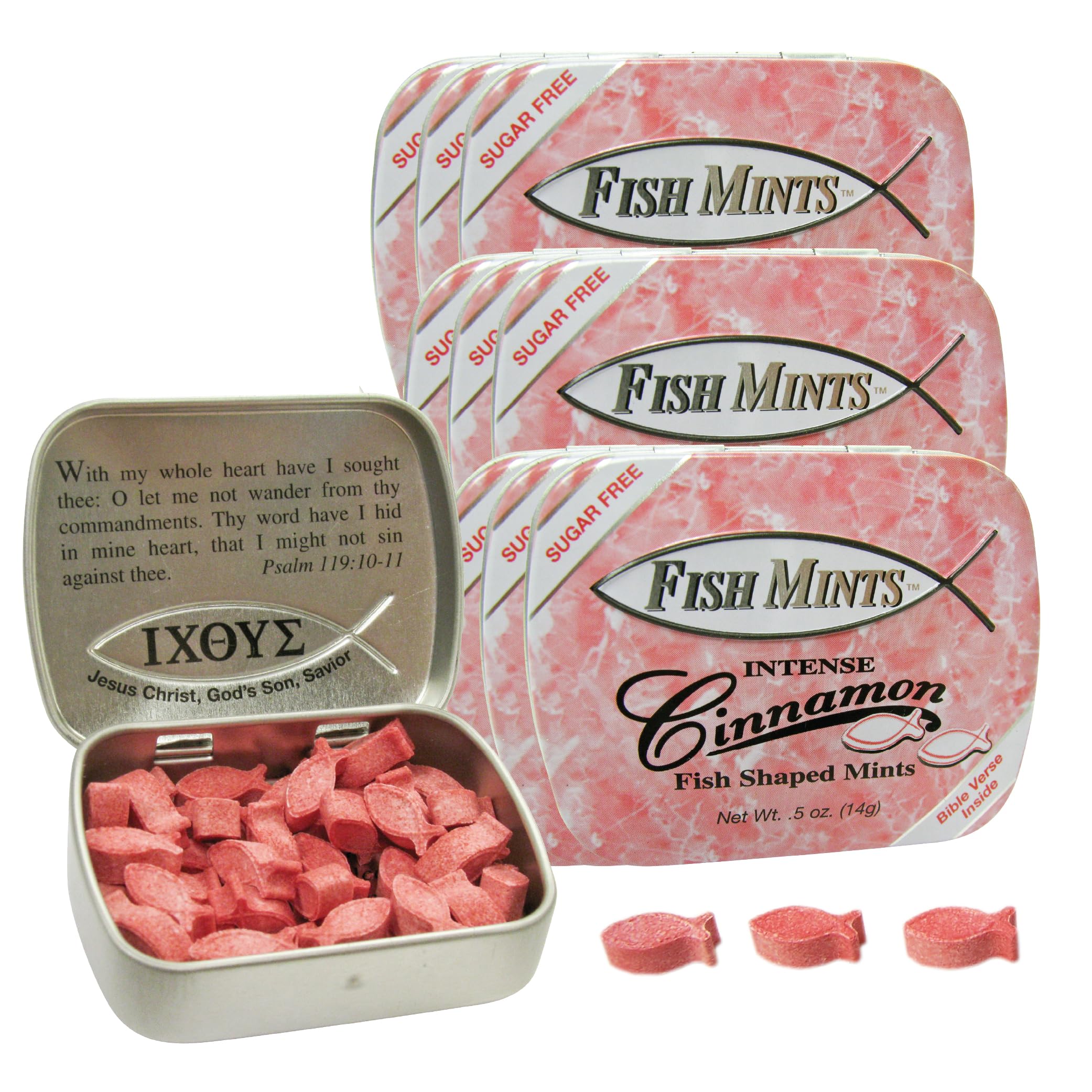 Scripture Candy, Sugar Free Fish Shaped Cinnamon Flavored Mints in a Pocket Sized Tin, 9 Count