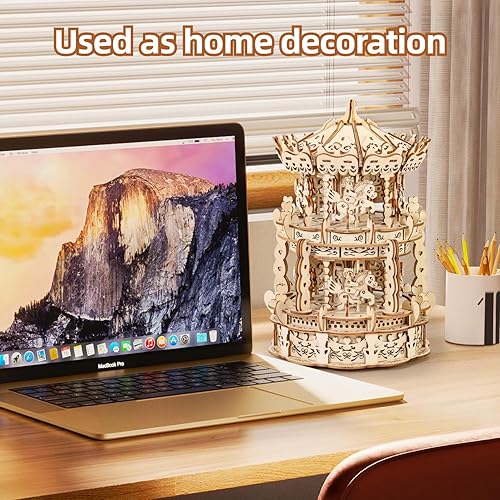 Miniatura 7 de MIEBELY Rompecabezas de madera 3D para adultos, caja de música con carrusel LED, kits de construcción de modelos de manualidades para adolescentes,