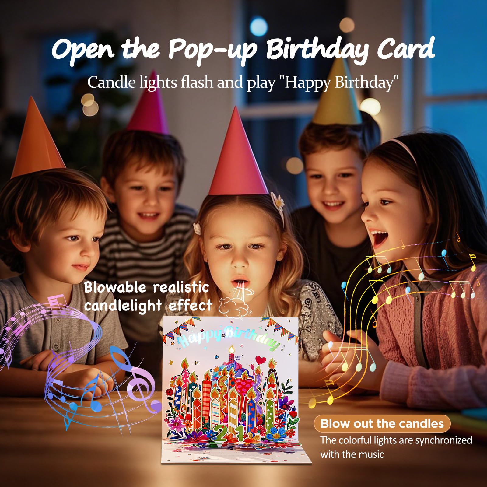 LoveEcho Blasbare musikalische 3D-Pop-Up-Musikkarte mit LED-Licht und Musik "Happy Birthday to You", 3D-Geburtstagskarte mit Notizkarte und Umschlag für die Ehefrau, Mutter, Oma, Tochter, Schwester,