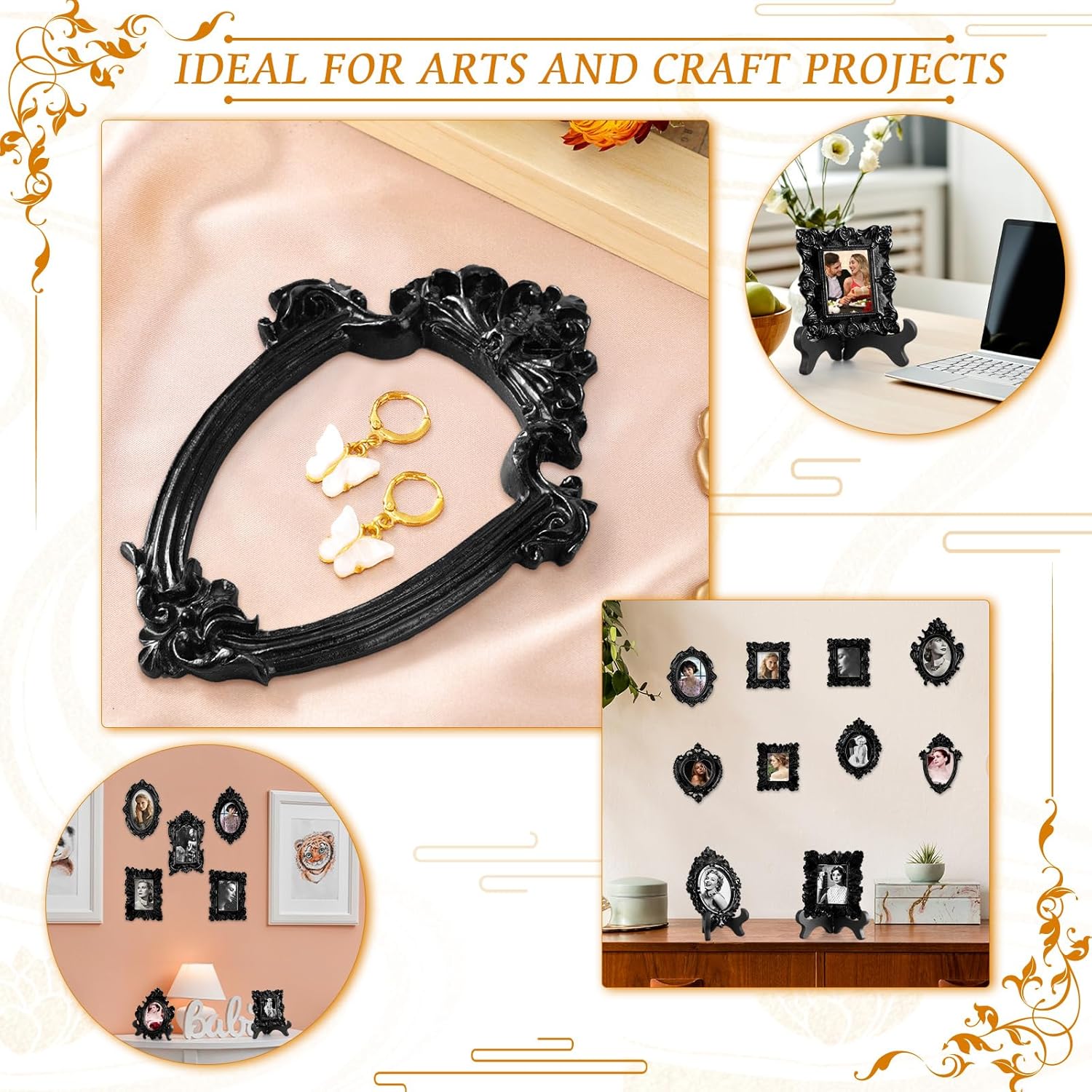 Tatuo 20 Sets Mini Picture Frames and Display Stands Vintage Resin Picture Frame Resin Holder for Home Office Bedroom Living Room Wedding Decor (Black)
