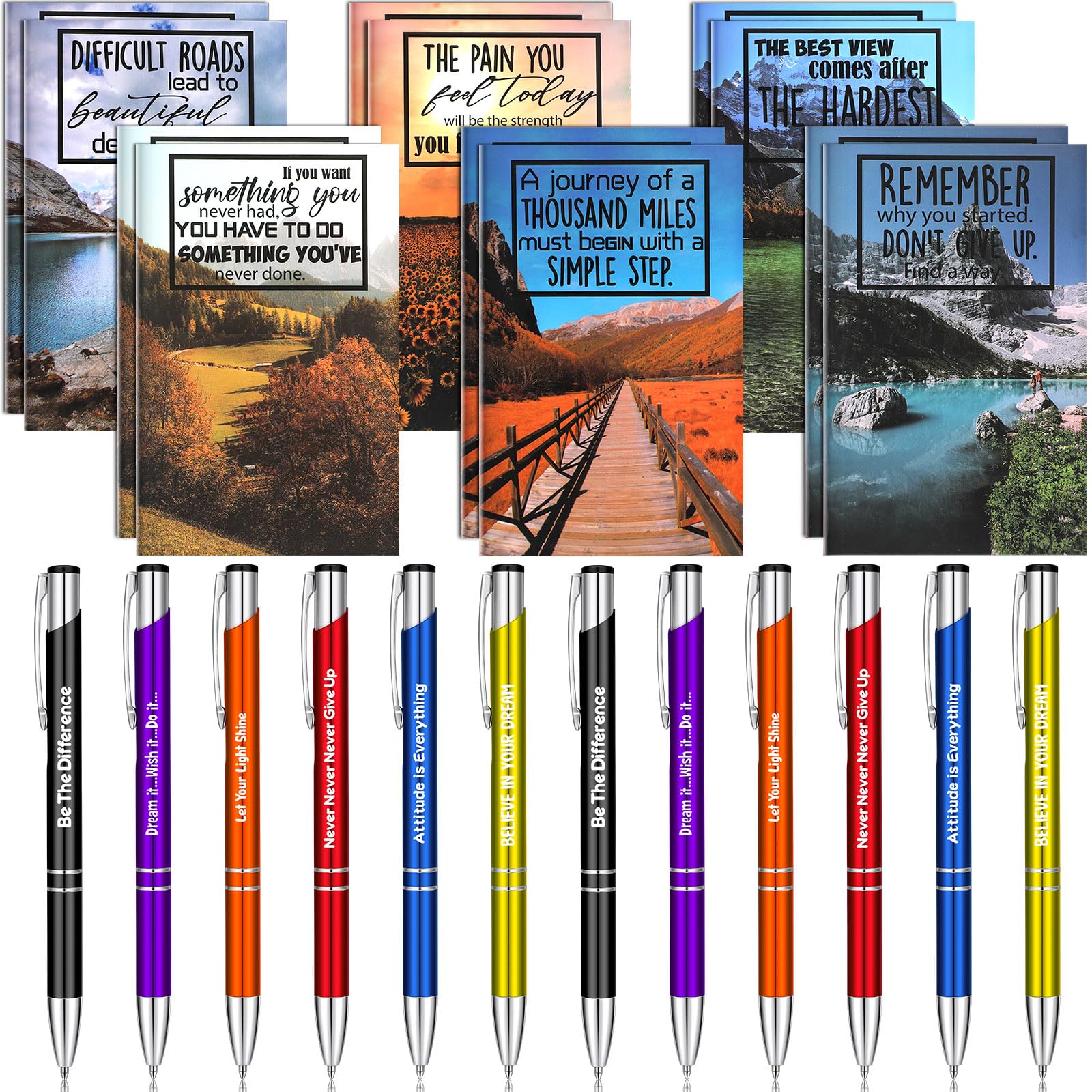 Geyee 24 Pcs Mini Motivational Pens Inspirational Notepads Bulk Appreciation Gifts Small Journals Funny Ballpoint Pen Set Prizes Men Women Office