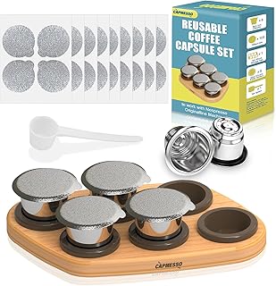 CAPMESSO Reusable Capsules for Nespresso OriginalLine, 6pcs Nespresso Refillable Pods Stainless Steel Coffee Pods Compatible with Nespresso Originaline Machine(6 Pods+100 Lids+ Wood Storage Tray)