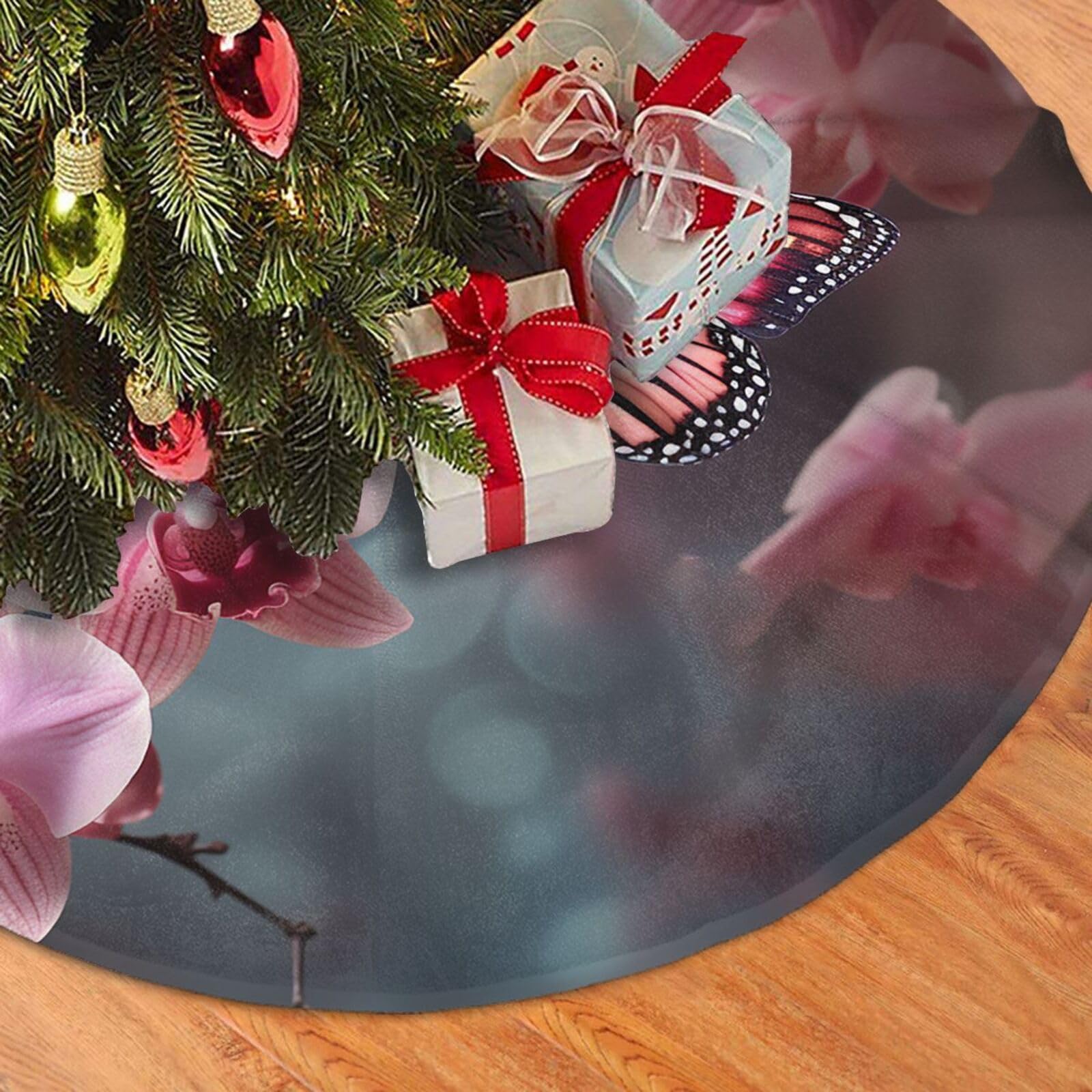 Fodpand Black Orchid Flower Butterfly Soft Fresh Spring Christmas Tree Skirt 48" Velvet Xmas Tree Skirt Mat Rustic Christmas Tree Mat Cover Winter Xmas Tree Collar For Indoor Outdoor Christmas Decorations