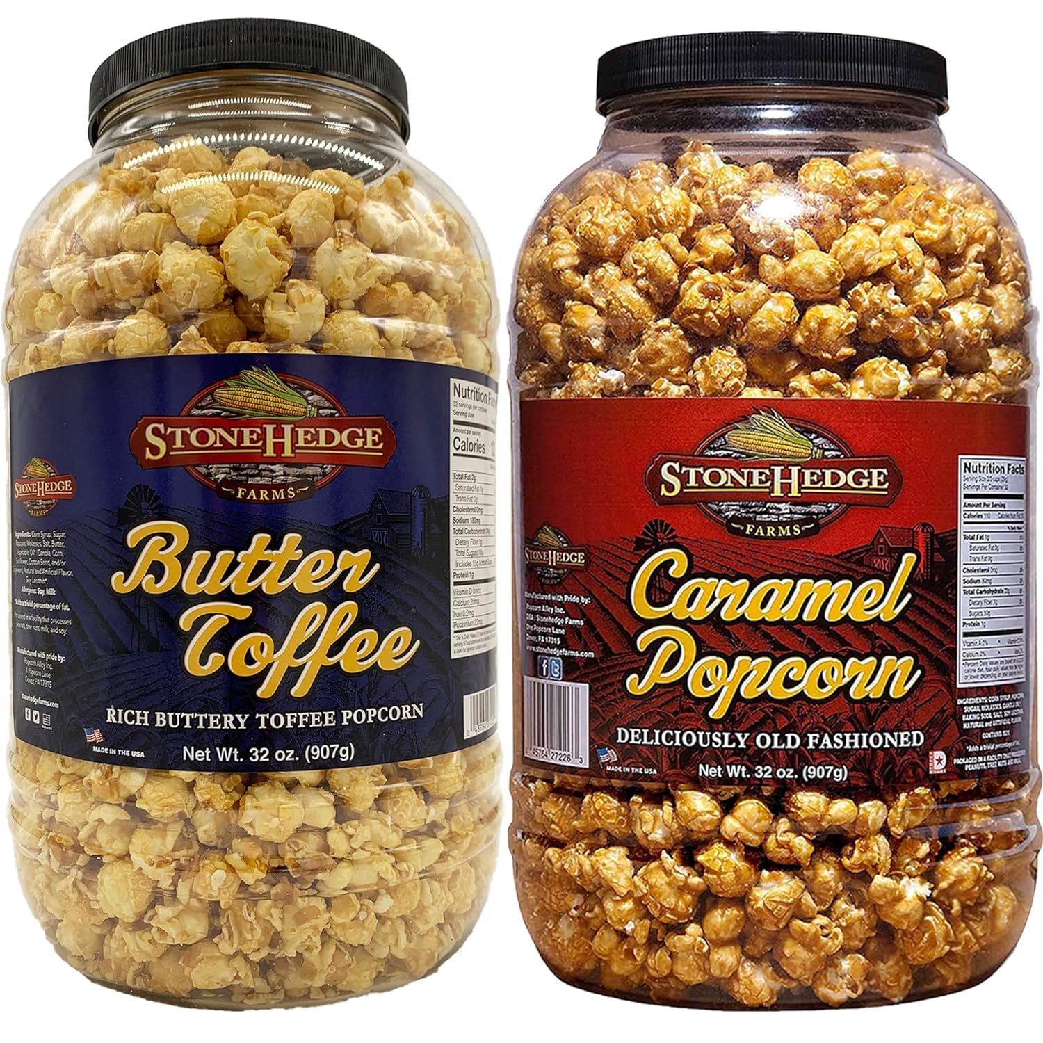 Caramel & Butter Toffee Flavored Popcorn Variety Pack | 32 oz Tubs (Pack of 2) | Perfect for Holidays and Christmas | Reclosable Barrels | Bulk Popped Carmel Pop Corn