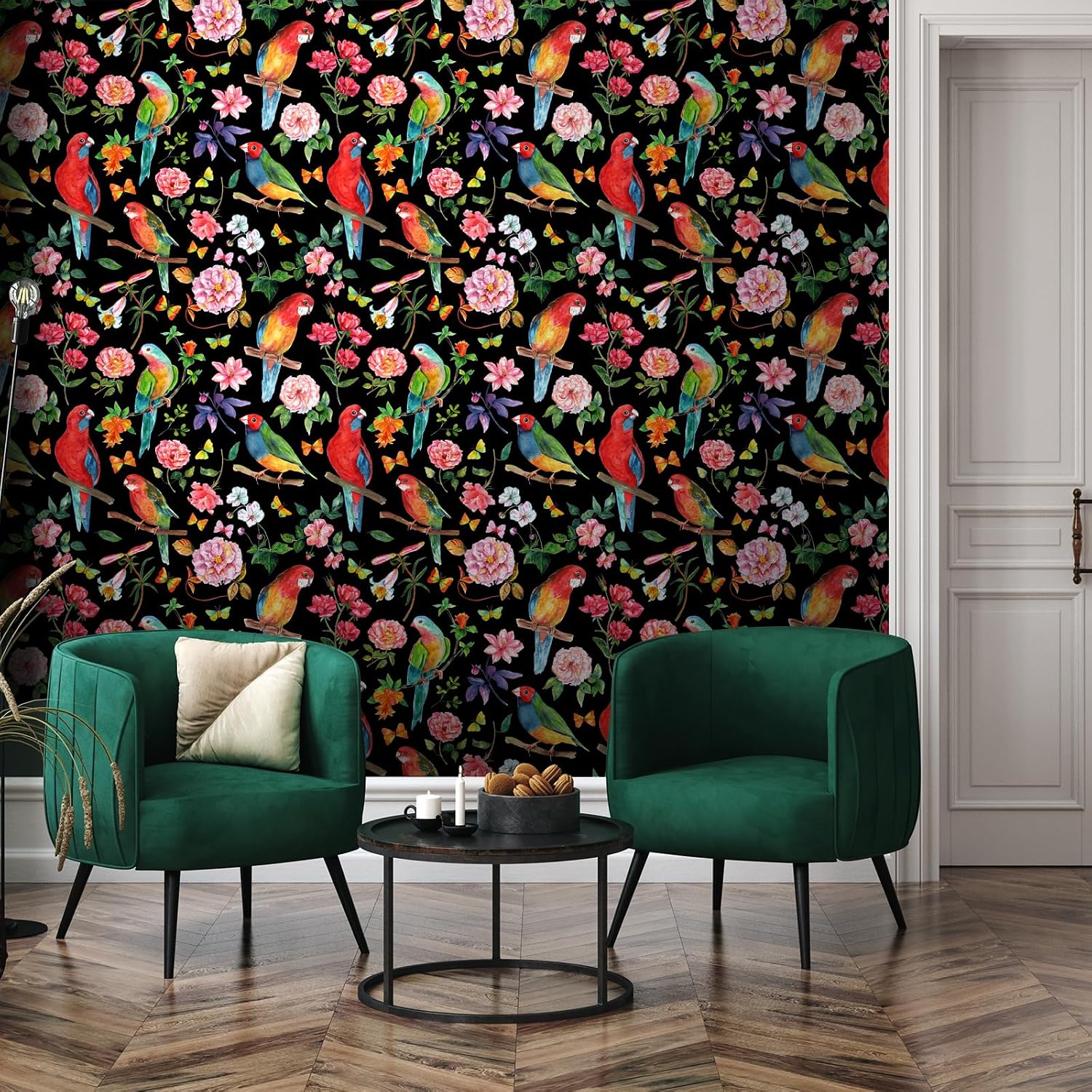24"x118" Parrot Bird Wallpaper Peel and Stick Black Floral Wallpaper Removable Colorful Botanical Peony Flower Wall Paper for Living Room Decorative Bird Floral Contact Paper for Cabinet