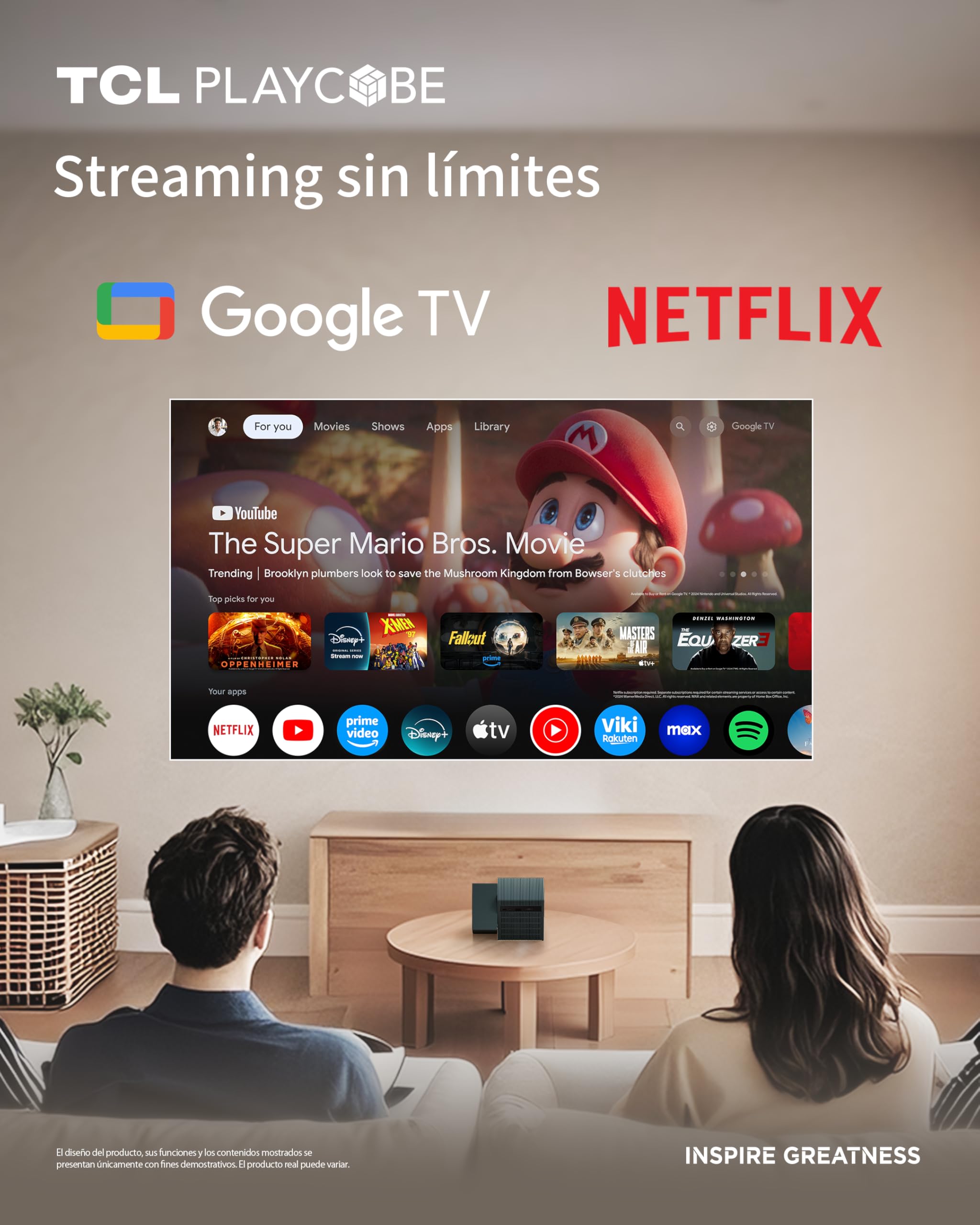 TCL PlayCube 4K DLP Proyector con Batería- [GoogleTV/Netflix Intégrées] Mini Proyector Portátil, 750 Lúmenes ISO, WiFi, Bluetooth, AutoFocus, Keystone, Ajustable para Cine en Casa, Exteriores, Juegos