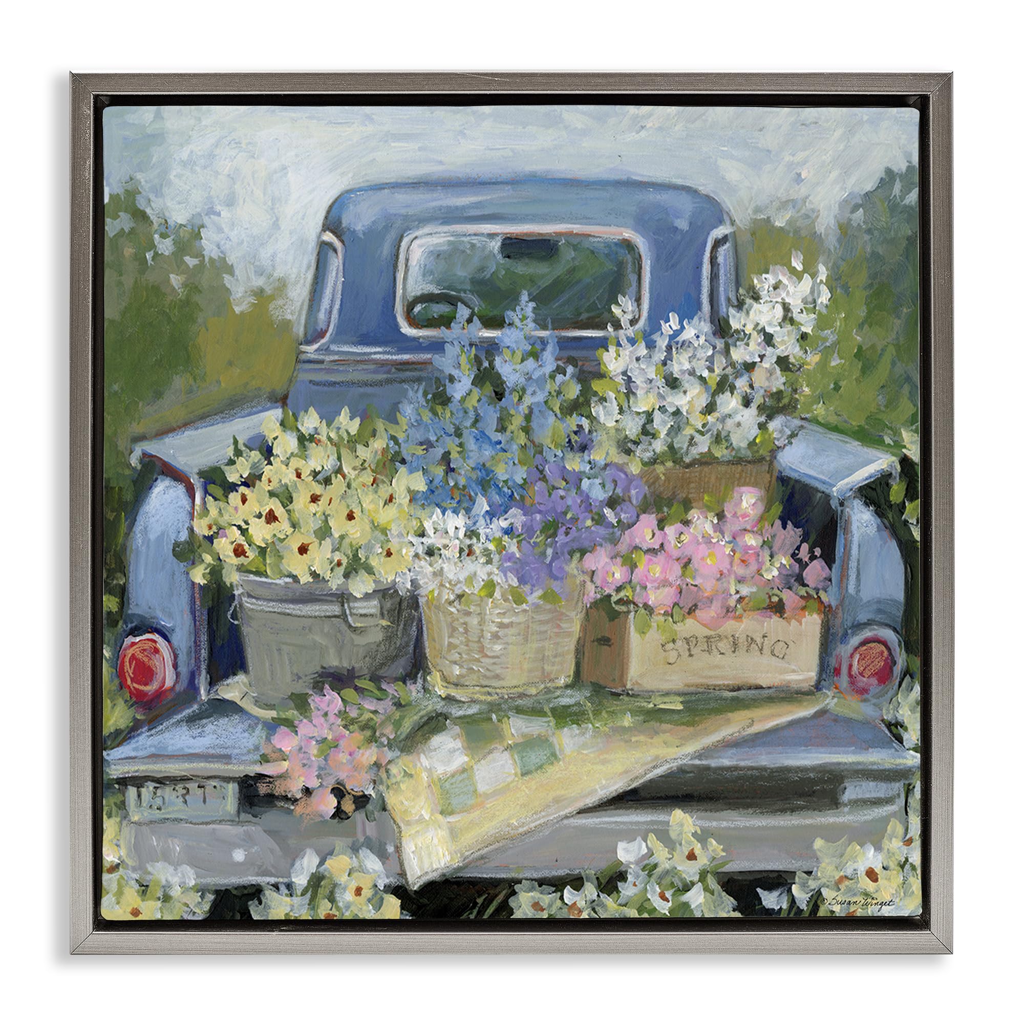Stupell Industries 'Truck Bed with Flowers', Floating Frame Canvas Art, Gray, 18 x 18 Inches, Easy to Hang and Sturdy, Made in USA, by Susan Winget