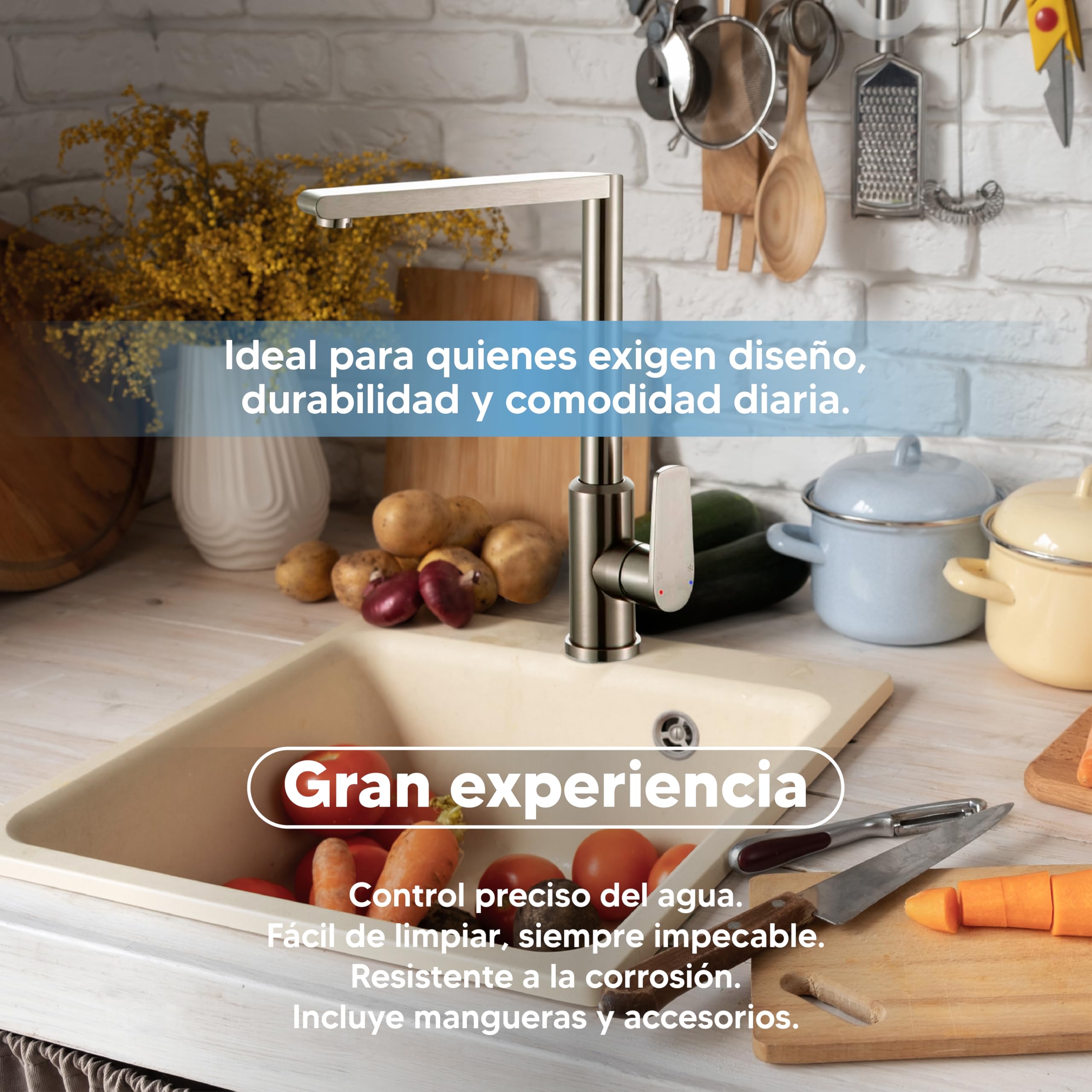 INEX EUROPA Grifo Cocina Titáneo Antihuellas con Válvula Cerámica 10 años de GARANTÍA - Grifo Acero Inoxidable Resistente a la Corrosión - Grifo de Cocina Fácil de Instalar Diseño Moderno y Duradero