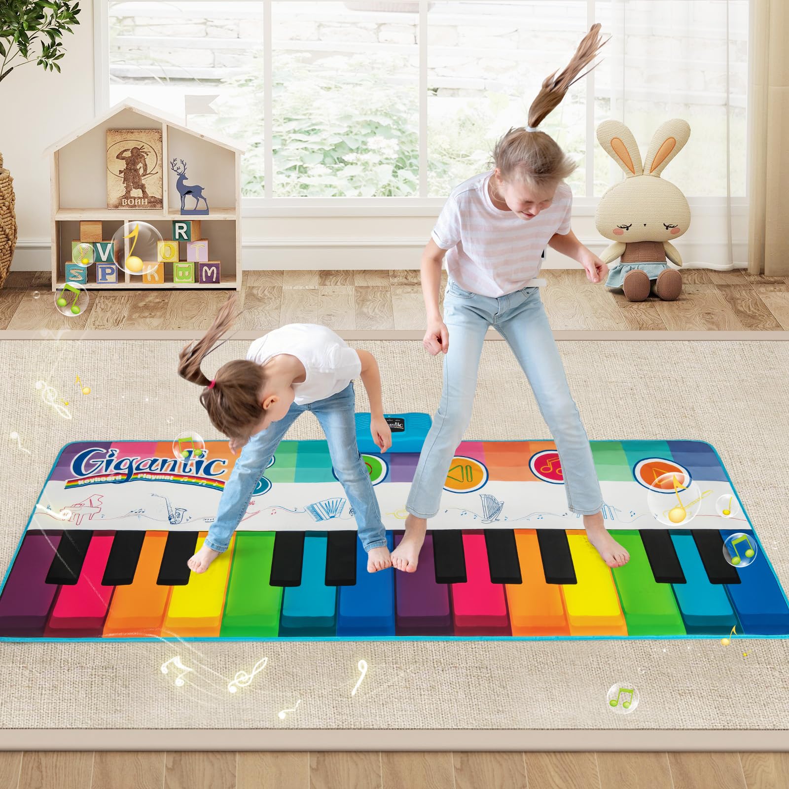 GYMAX Tappeto Pianoforte da 181 CM, Grande Tappeto da Ballo con Pianoforte a Tastiera con 24 Tasti, 8 Suoni di Strumenti, 10 Canzoni, Riproduzione e Volume Regolabile, per Bambini 3+ Anni