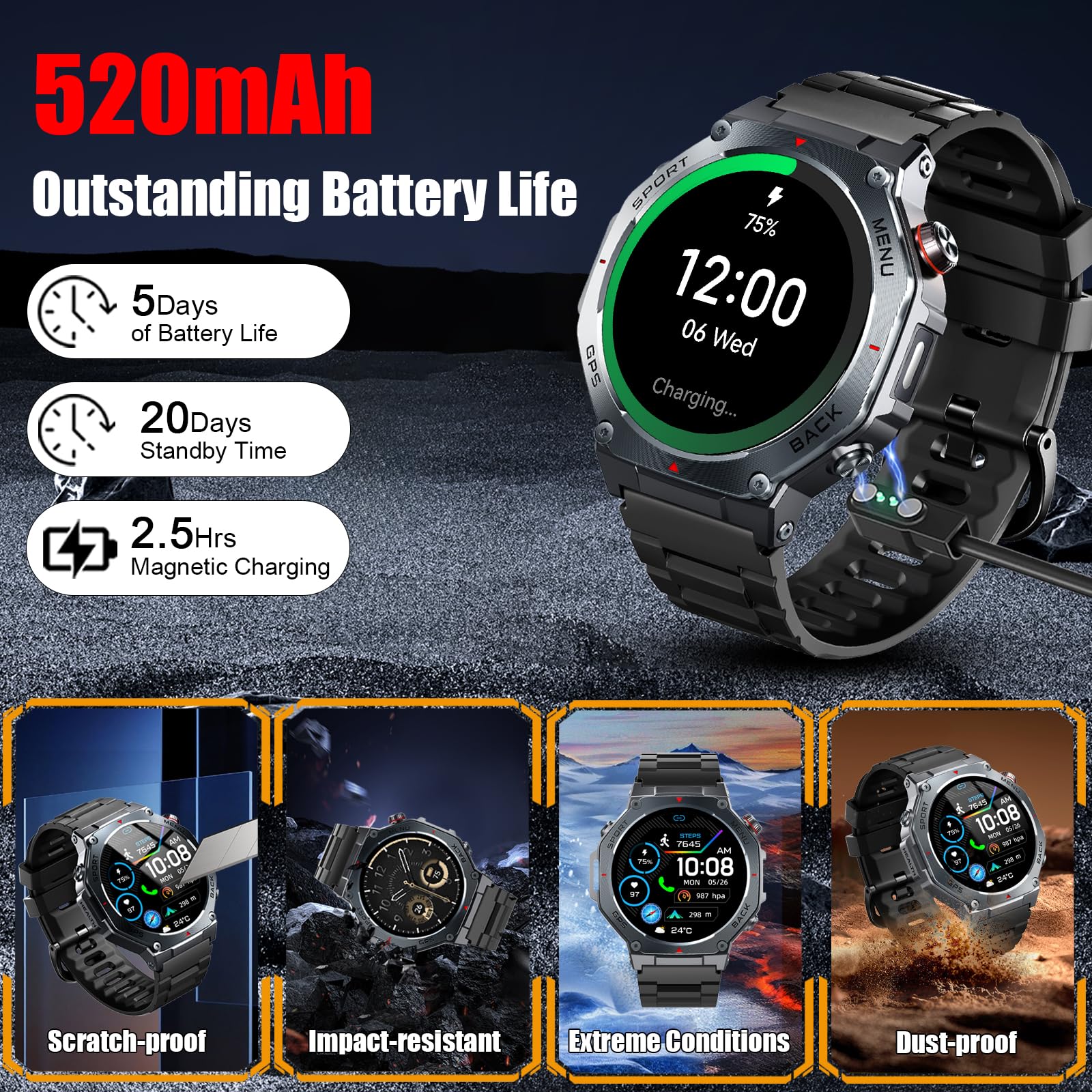 Reloj Inteligente Hombre Militar con GPS y Linterna LED, 5ATM Smartwatch con Brújula llamadas Bluetooth Pulsómetro Oxímetro Sueño, 1.43"AMOLED Reloj Deportivo con 160+Modos Deportivos para IOS Android