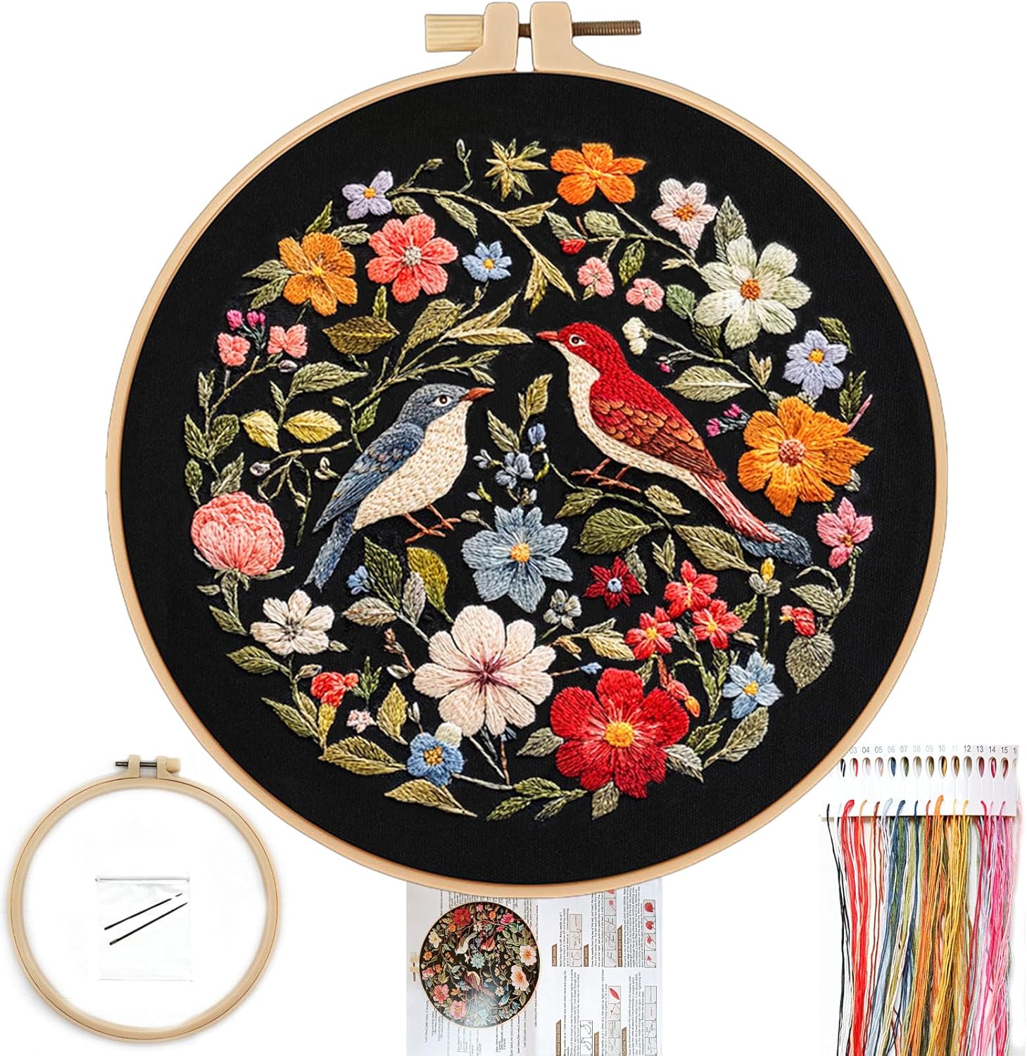 FONNUY Beginner Embroidery Kit: Birds & Flowers Pre-Stamped Pattern with 8'' Hoop, Threads, Needles - Easy DIY Needlework for Adults