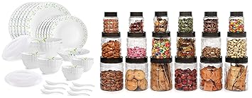 Tropical Lagoon Dazzle Series Opalware Dinner Set, 35 Pieces, Service for 6, White, Extra Large & Cello Checkers Plastic PET Canister Set, 18 Pieces, Clear