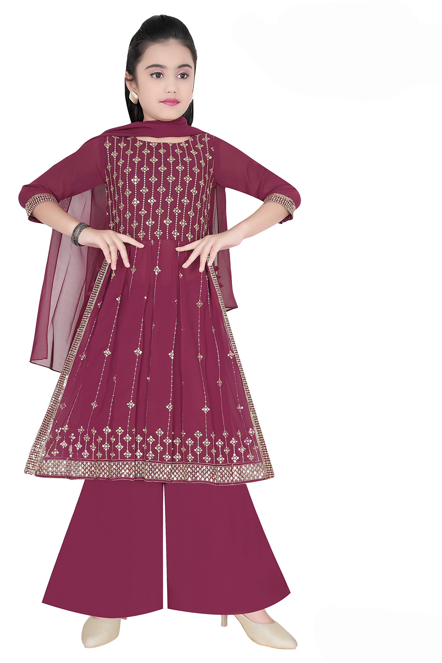 CLOTH ADDAKids Baby Girls Indian Ethnic Kurta Plazzao Dress Set, Fine Georgette Fabric, Embroidery and Sequin Work