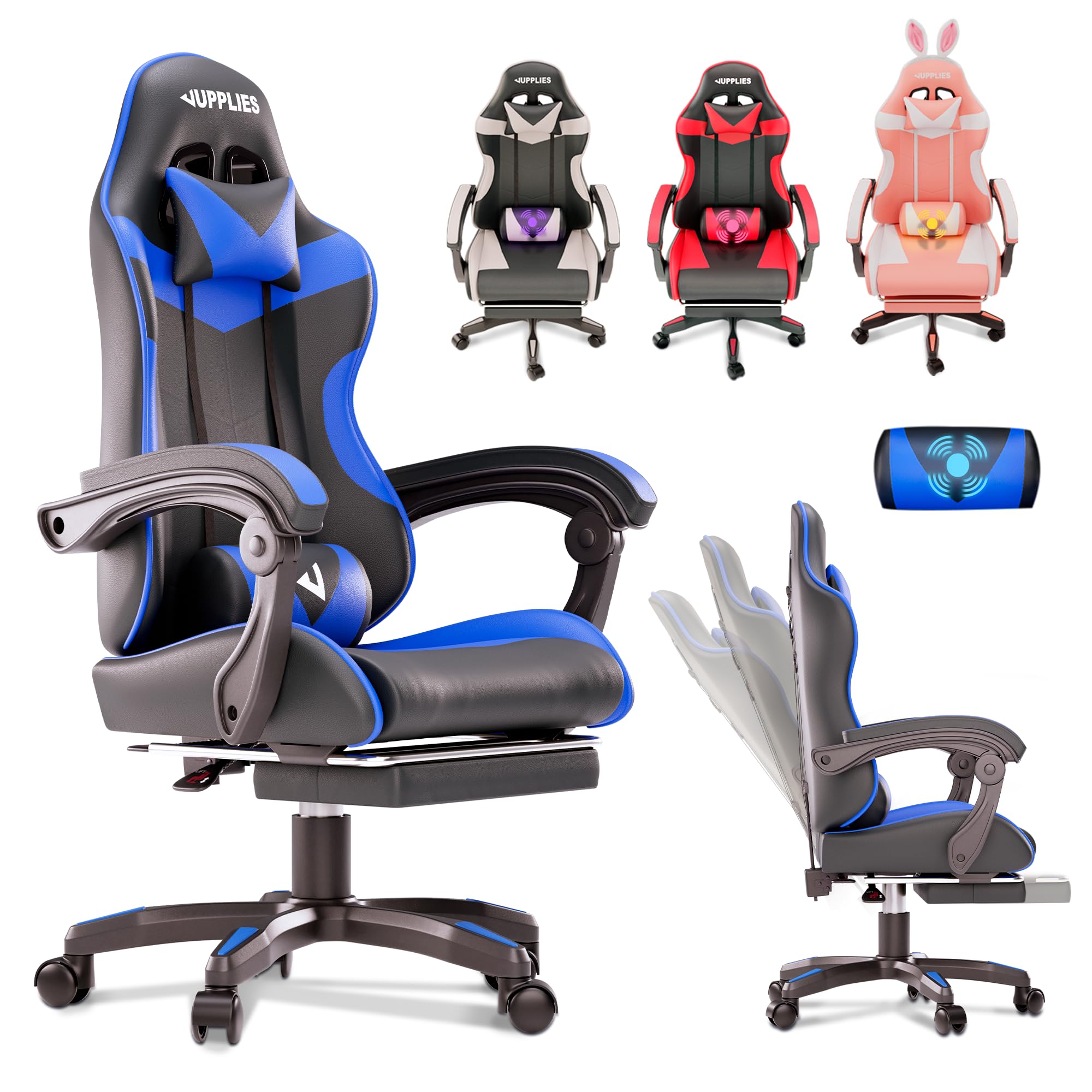 JUPPLIES Silla Gaming Profesional con Masajeador - Silla de Oficina Ergonómica con Reposapiés, Altura Regulable y Respaldo Abatible - Silla Gamer para Juegos