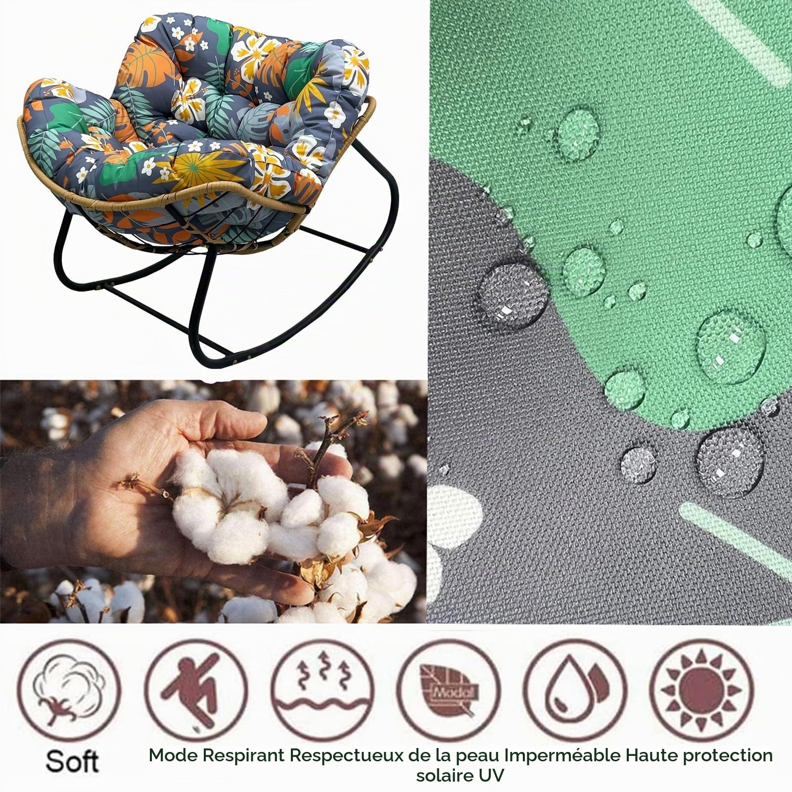 Générique Coussin Imperméable pour Fauteuil À Bascule D'extérieur, Coussin Épais Et Moelleux De Grande Taille, (intérieur/extérieur) — Fauteuil Non Inclus