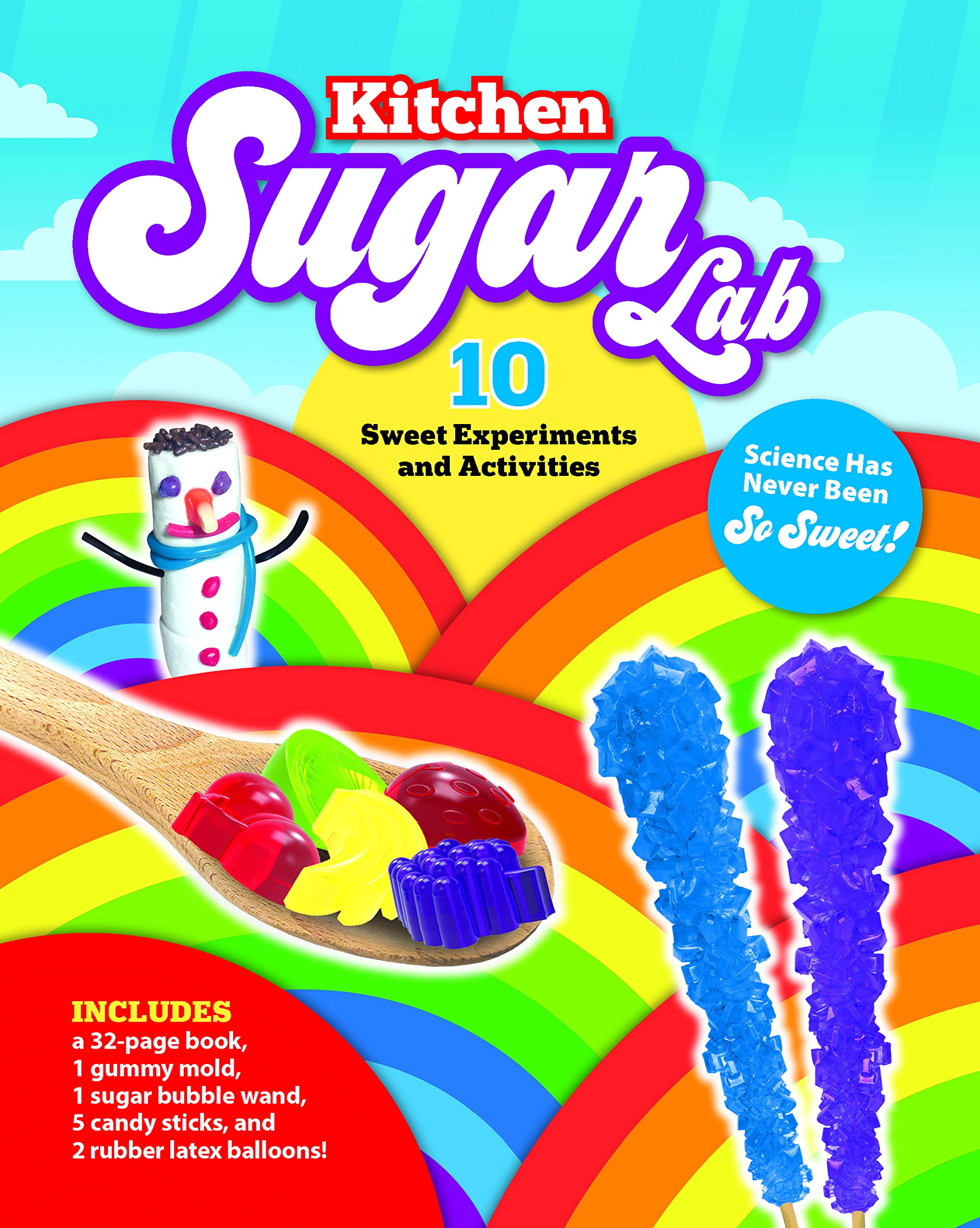 Kitchen Sugar Lab: Science Has Never Been So Sweet! 10 Sweet Experiments and Activities – Includes: a 32-page book, 1 gummy mold, 1 sugar bubble wand, 5 candy sticks, and 2 rubber latex balloons! Hardcover – December 14, 2021