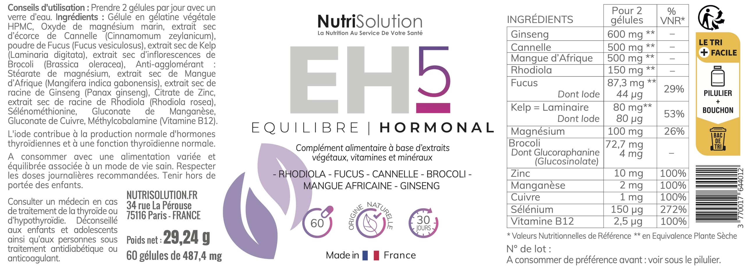 Équilibre Hormonal 5 par NutriSolution | Complément Alimentaire Minceur Energétique Hormones pour Favoriser Perte de Poids Naturelle | Made in France | 60 gélules