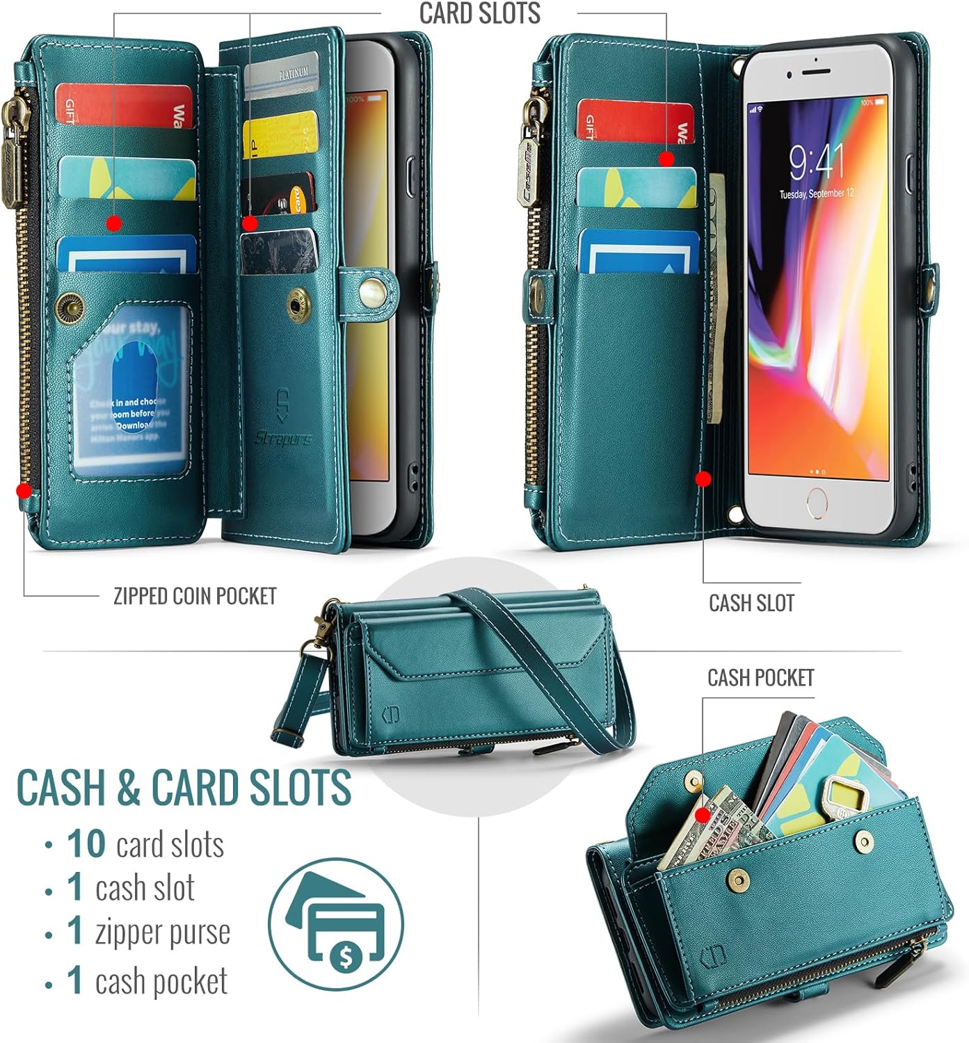 Crossbody Wallet Case Compatible with iPhone 8 Plus / 7 Plus RFID Blocking 10-Card Holder Soft PU Leather Magnetic Closure Shoulder Strap Zipper Pocket Phone Case for Women 5.5" - Blue Green - Image 2