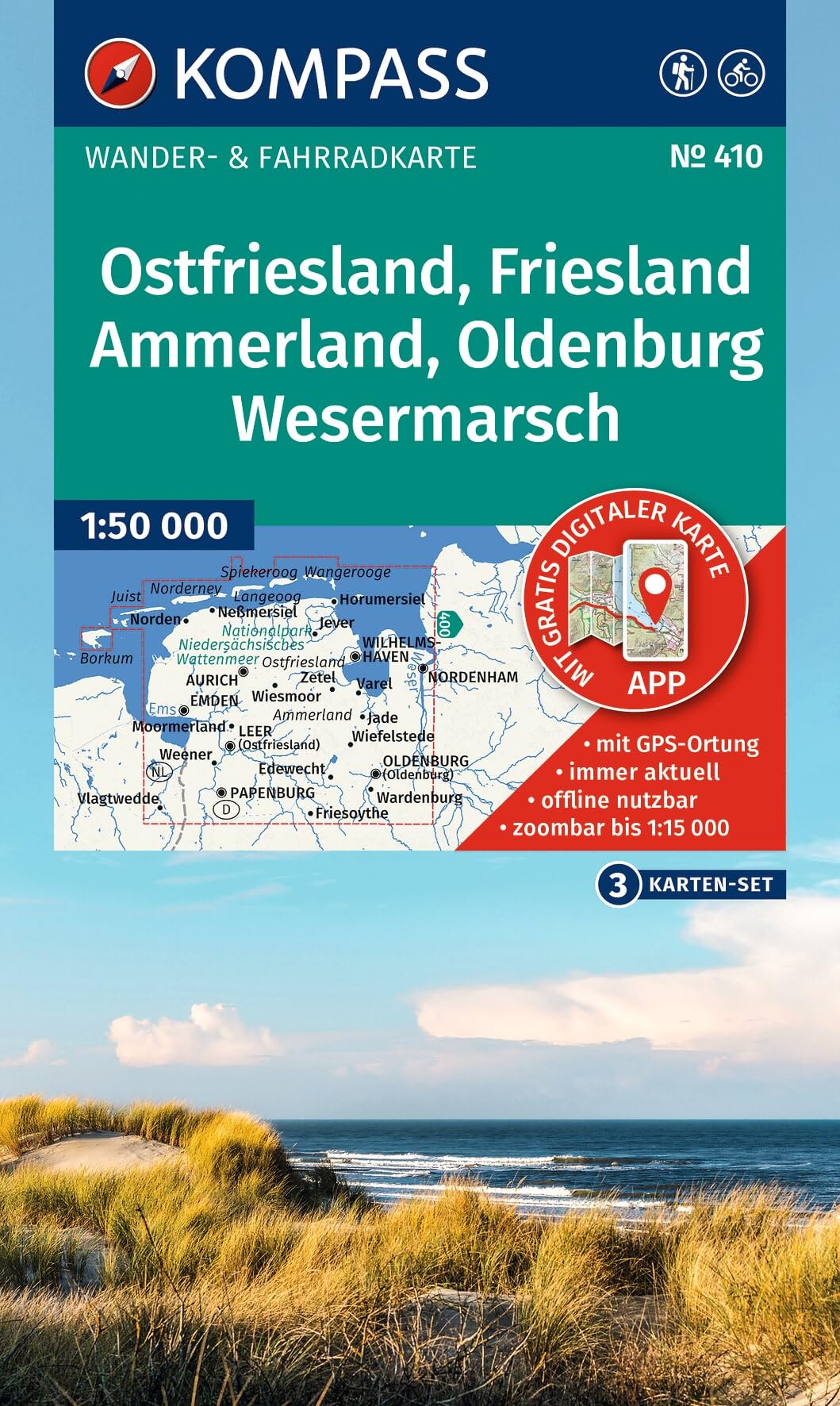 KOMPASS Wanderkarten-Set 410 Ostfriesland, Friesland, Ammerland, Oldenburg, Wesermarsch (3 Karten) 1:50.000: inklusive Karte zur offline Verwendung in der KOMPASS-App. Fahrradfahren.