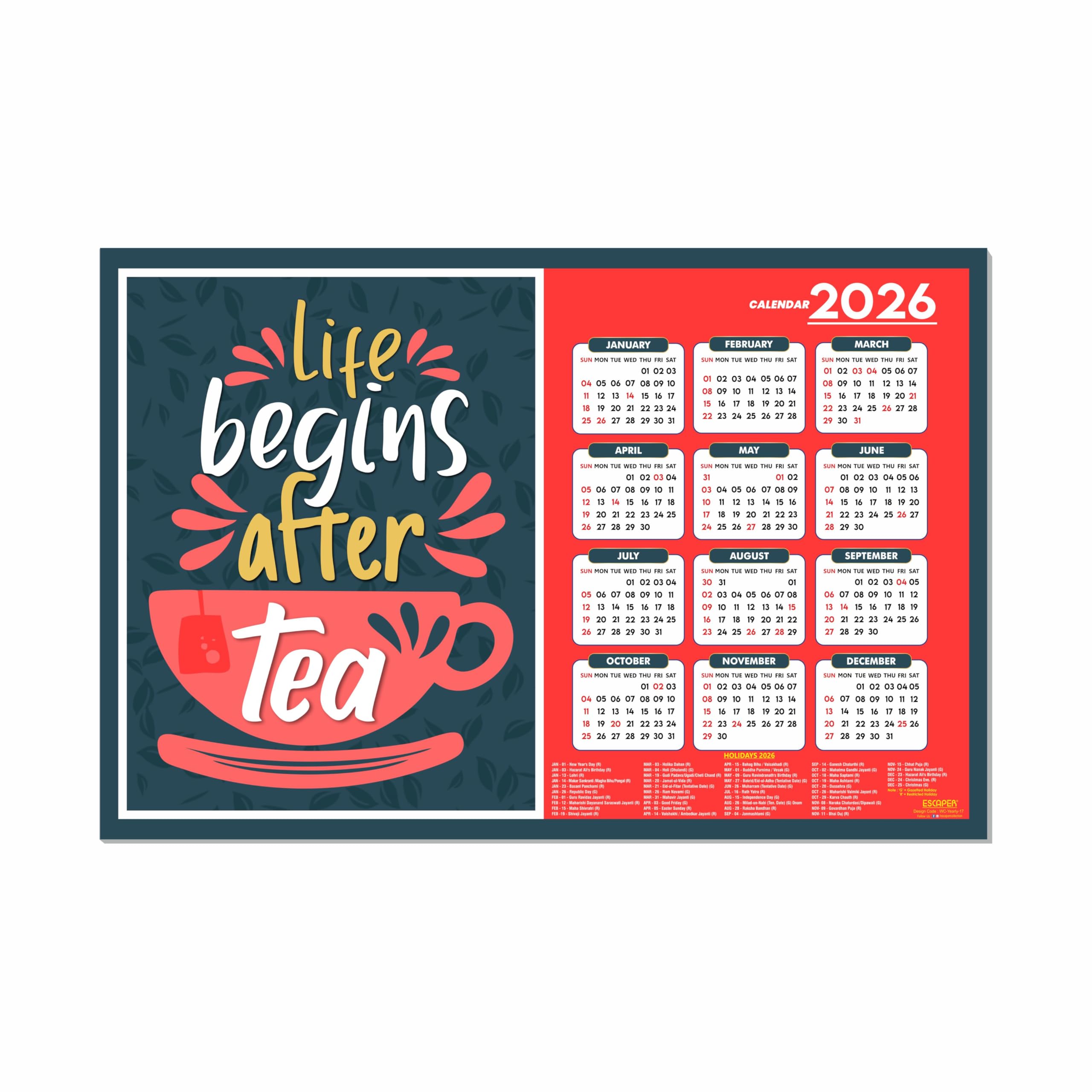 ESCAPER Tea Lovers Wandkalender 2026, 30,5 x 45,7 cm, 300 g/m², laminiertes Papier, selbstklebender einseitiger Kalender für Büro, Zuhause und Café, perfektes Teegeschenk & Wandkunst