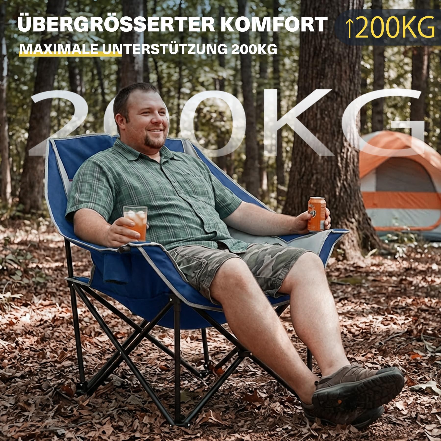 Campingstuhl bis 200KG Gepolstert Armlehnen XL Outdoorstuhl Klappstuhl Campingsofa mit Getränkehalter Kühltasche Hoher Rückenlehne