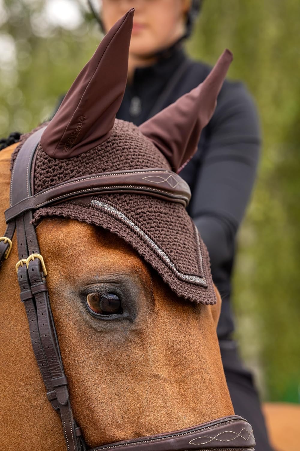 LeMieux Crystal Ear Bonnet with Soft Lycra Ears - Close Knit Crochet - Comfortable Fit Equestrian Mask - Sport Horse Wear Fly Protection - Brown - Large