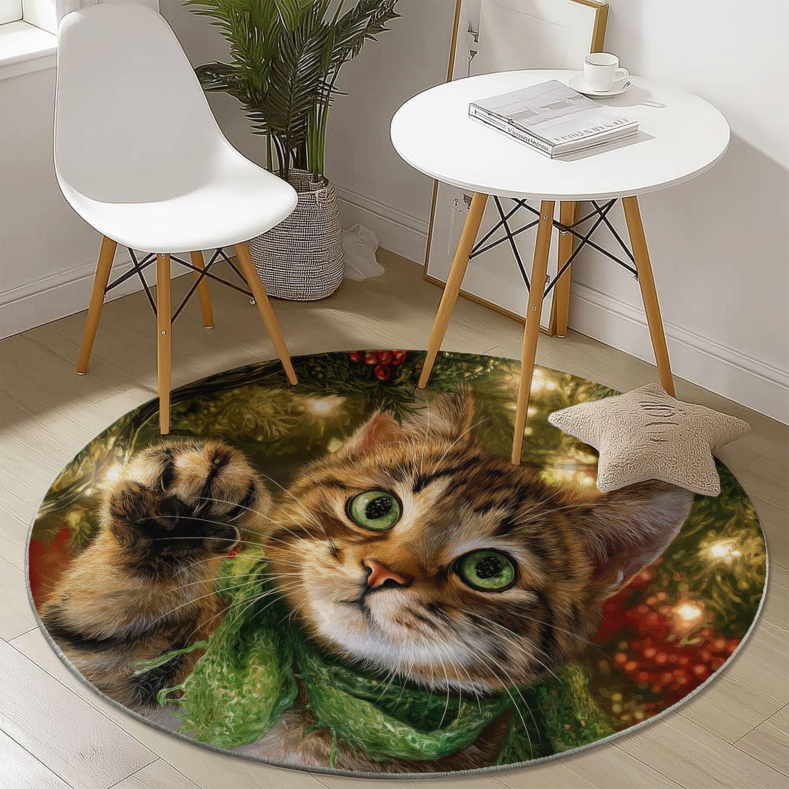 Teppich Wohnzimmer Rund 200 cm Teppich Schlafzimmer Grün Kurzflor Wohnzimmerteppich Weihnachten Katze Kiefernzweig Waschbar rutschfest Rund für Wohnzimmer Schlafzimmer Esszimmer