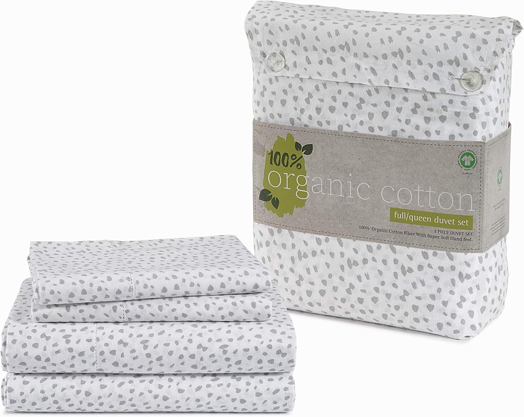 Casa Platino100% Organic Cotton Duvet-Cover Set FullQueen Size White (Grey Dot), Pure Organic Cotton Long Staple Percale Weave Ultra Soft, Breathable, GOTS Certified Bedding