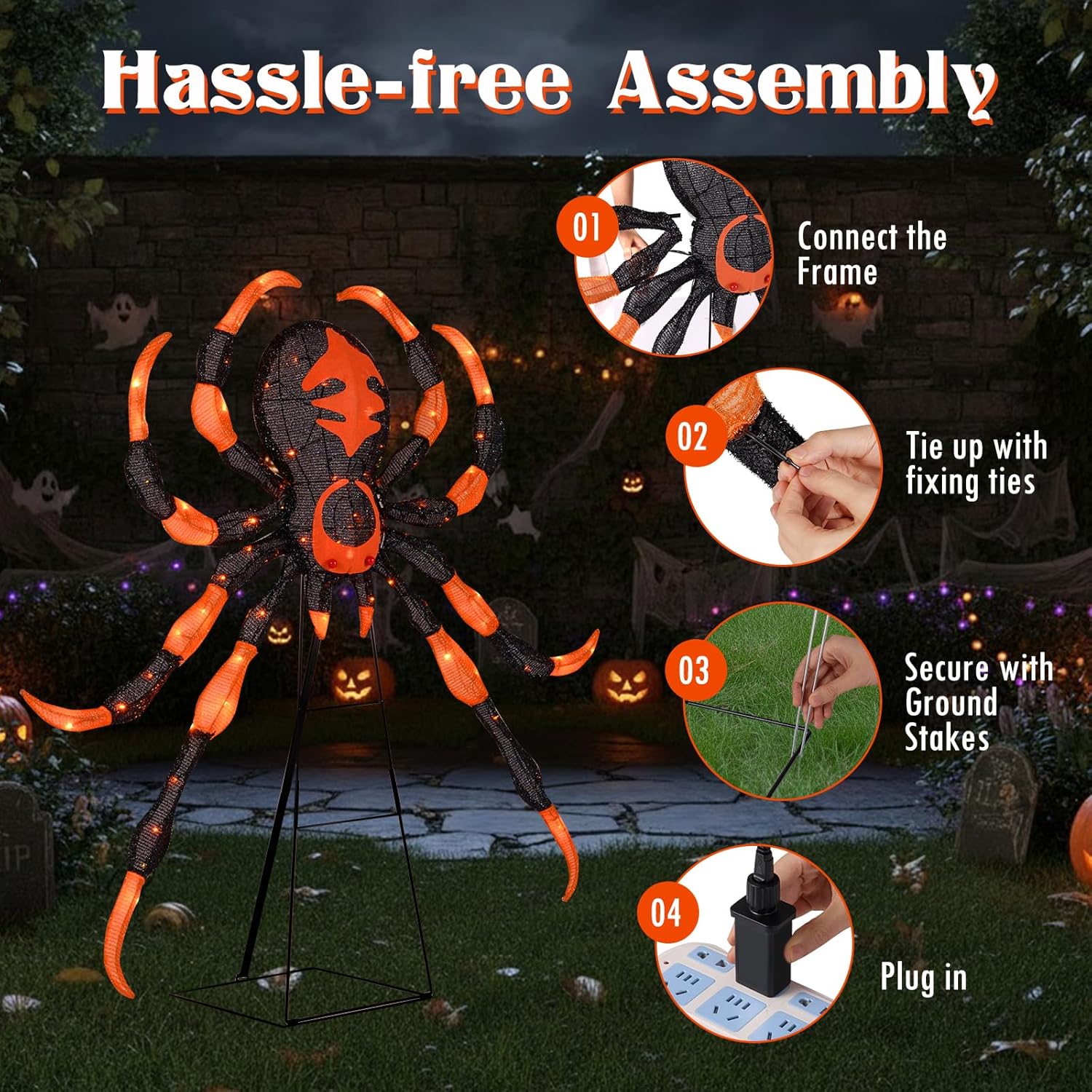 Tangkula 52” Halloween Spider Decoration, Lighted Spider on Stand with 16 Flickering Warm White LEDs, 64 Orange LEDs, Holiday Yard Decoration for Indoor, Outdoor, Home, Shop, Party