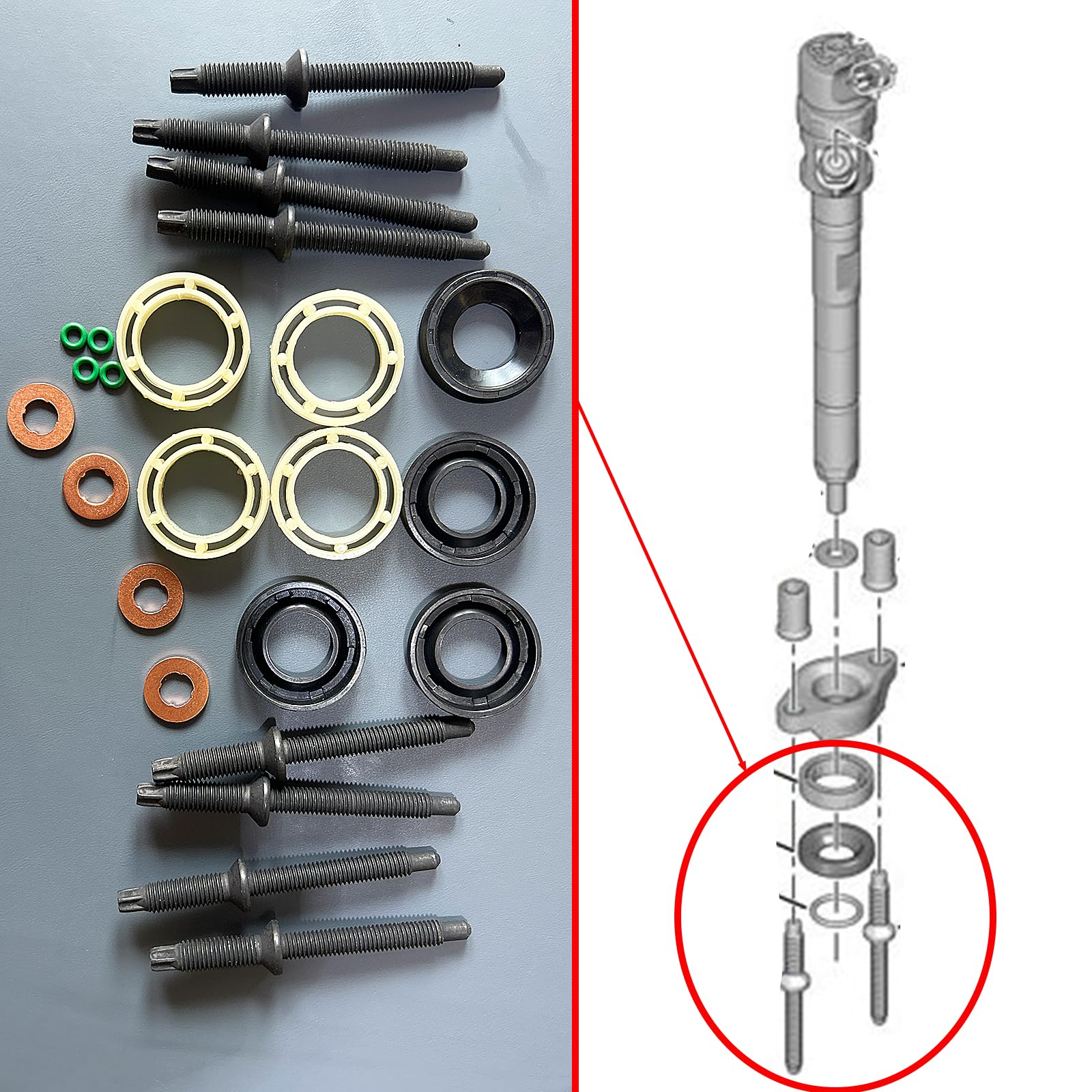 Kit Joint Injecteur 1.6 hdi, 16 x Joint Injecteur 1.6 HDI et 8 Vis, Kit de Joints Toriques d'Injecteur Diesel Compatible avec Citroen, Peugeot 198185 198299 1982A0